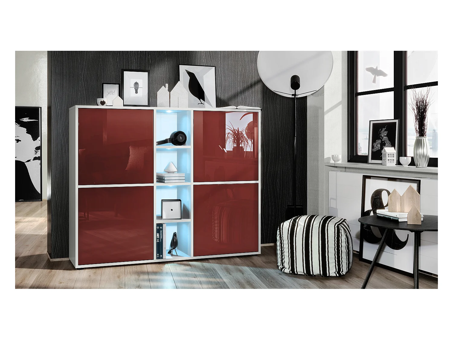Highboard Cuba V3, blanc mat/bordeaux haute brillance y compris LED - Buffet moderne à 12 compartiments (130,5 x 105,5 x 35,5 cm)