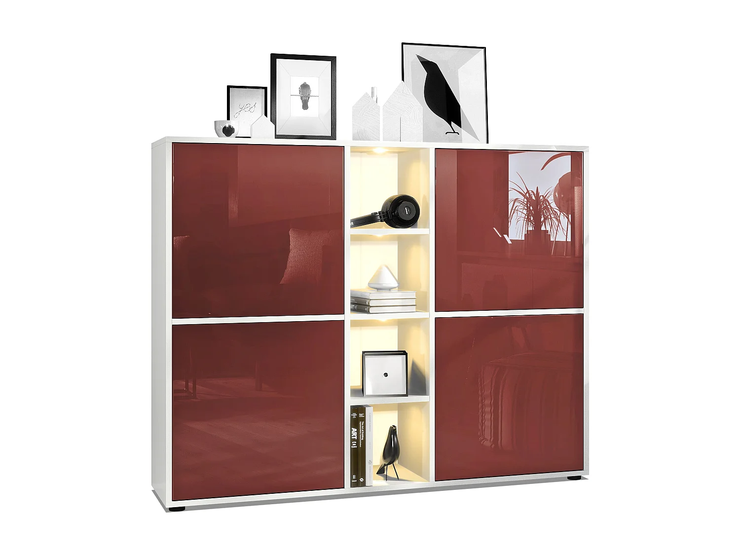 Vladon Credenza Cuba V3, bianco opaco/bordeaux lucido incl. LED - Credenza moderna con 12 scomparti (130,5 x 105,5 x 35,5 cm)