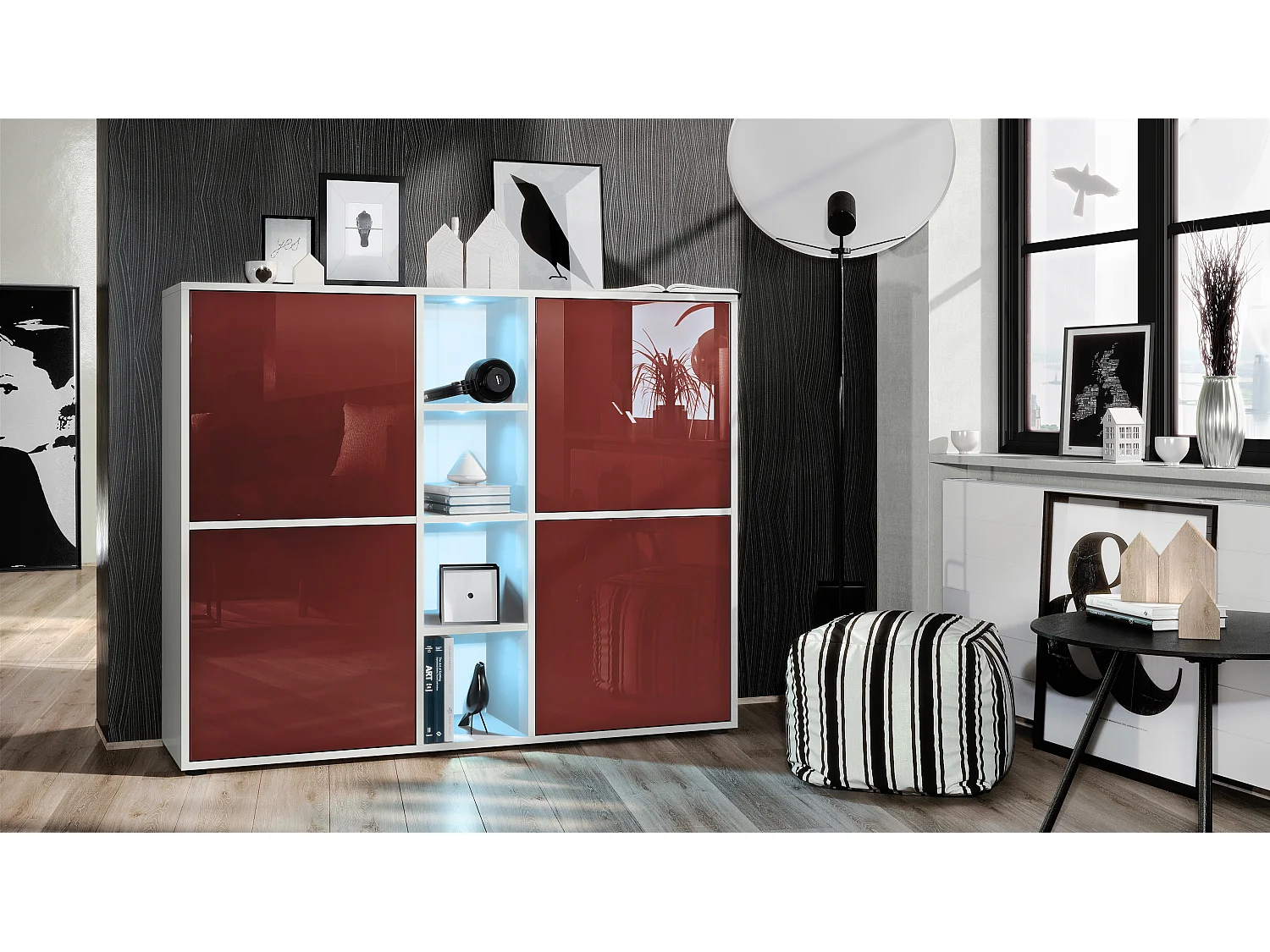 Vladon Credenza Cuba V3, bianco opaco/bordeaux lucido incl. LED - Credenza moderna con 12 scomparti (130,5 x 105,5 x 35,5 cm)