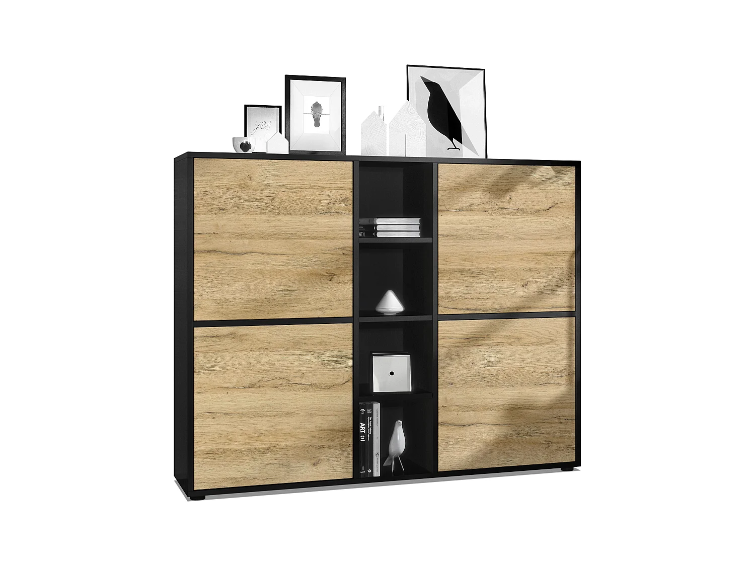 Highboard Cuba V3, noir mat/chêne nature - Buffet moderne à 12 compartiments (130,5 x 105,5 x 35,5 cm)