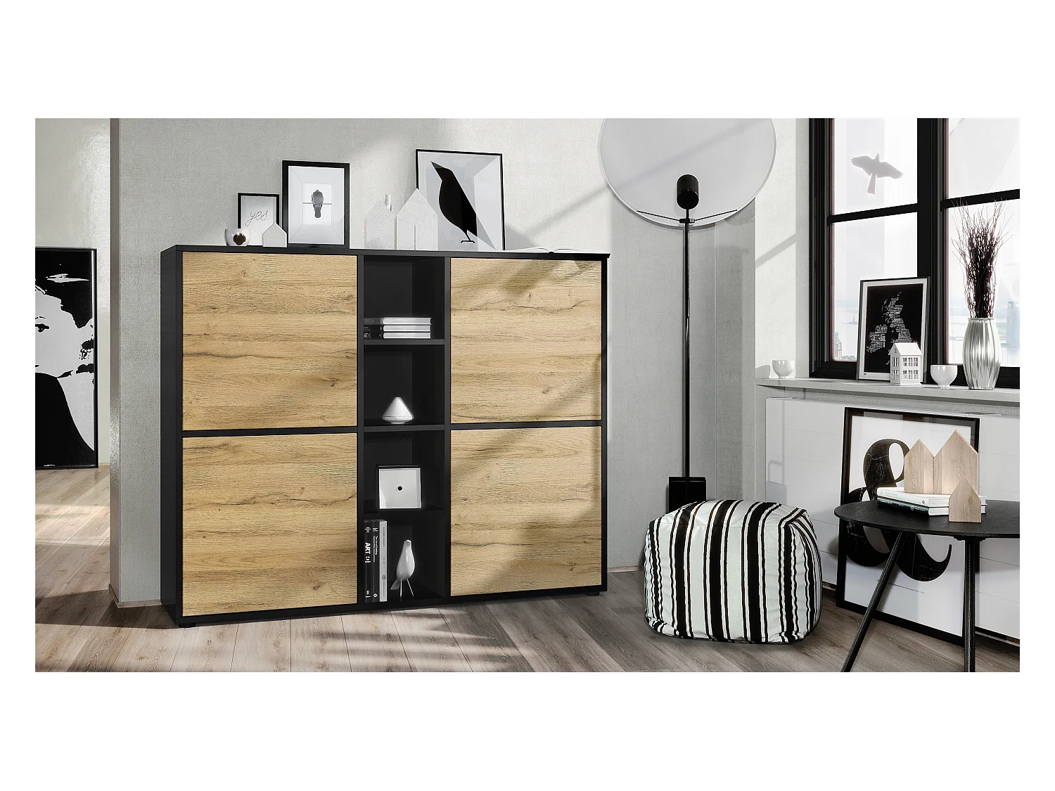 Highboard Cuba V3, noir mat/chêne nature - Buffet moderne à 12 compartiments (130,5 x 105,5 x 35,5 cm)