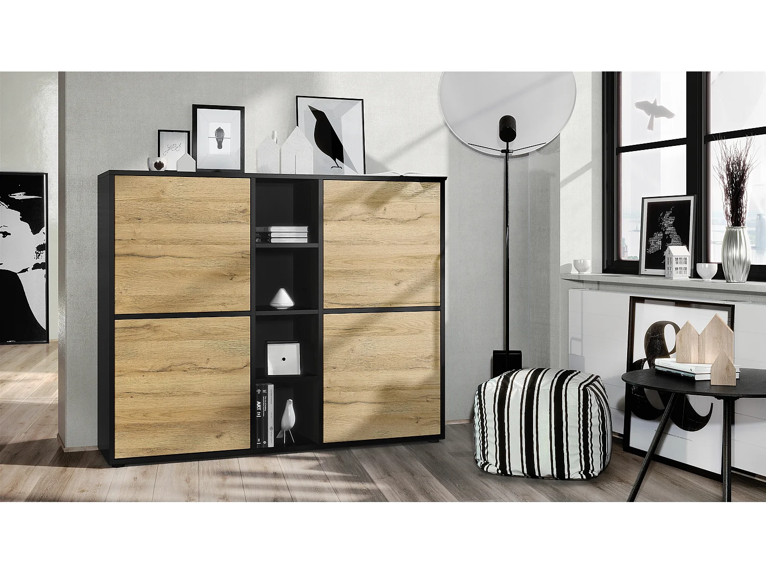 Vladon Credenza Cuba V3, nero opaco/rovere naturale - Credenza moderna con 12 scomparti (130,5 x 105,5 x 35,5 cm)
