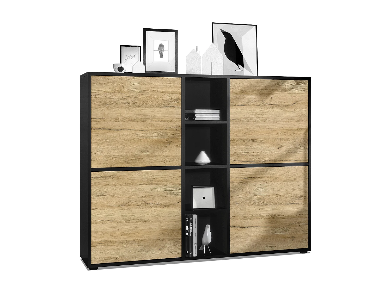 Vladon Credenza Cuba V3, nero opaco/rovere naturale - Credenza moderna con 12 scomparti (130,5 x 105,5 x 35,5 cm)