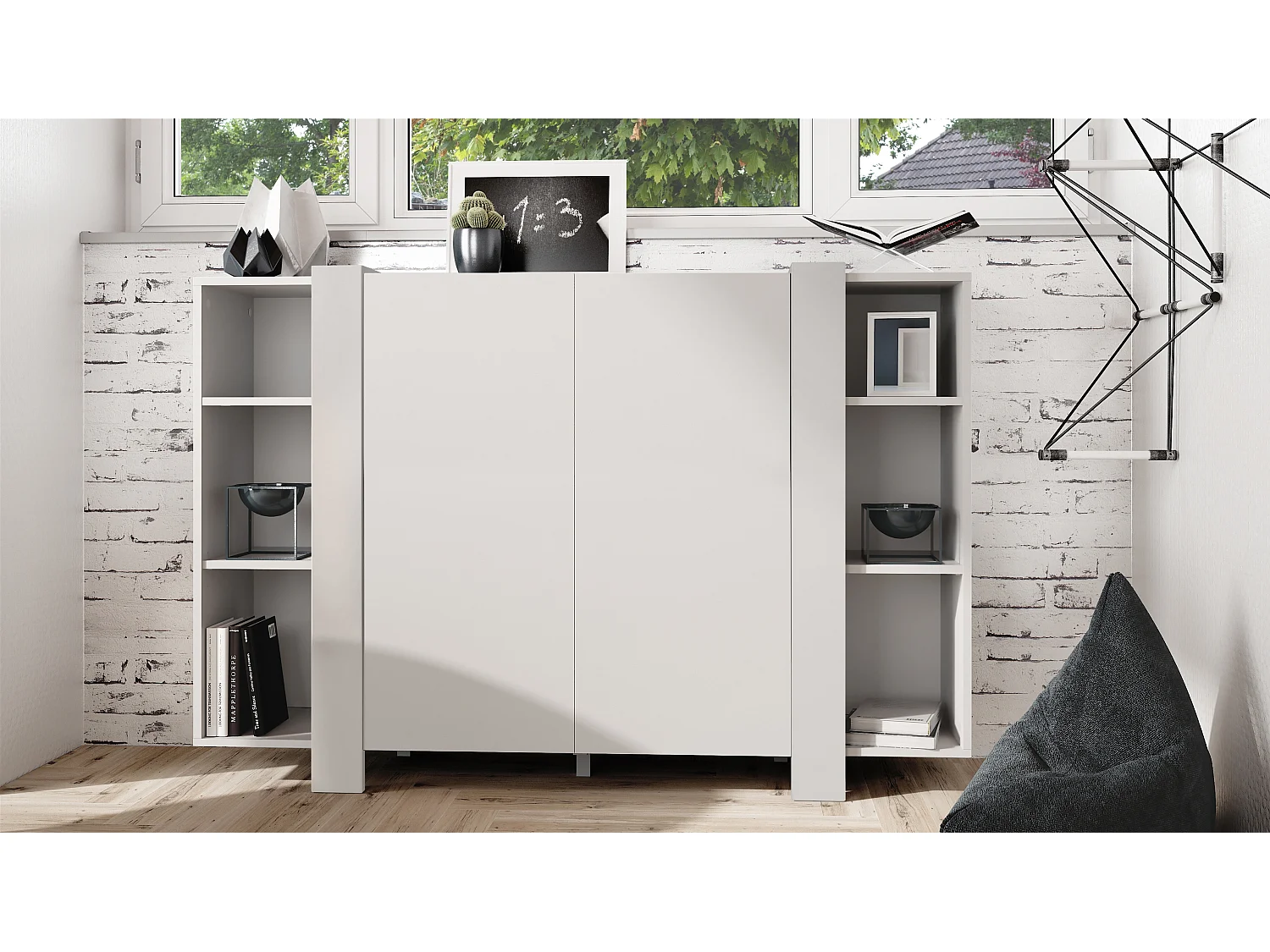 Highboard Ida V2, Buffet con 12 scomparti, Struttura in bianco opaco, Pannelli in bianco opaco, (149 x 101 x 34 cm) | Ampia scelta di colori