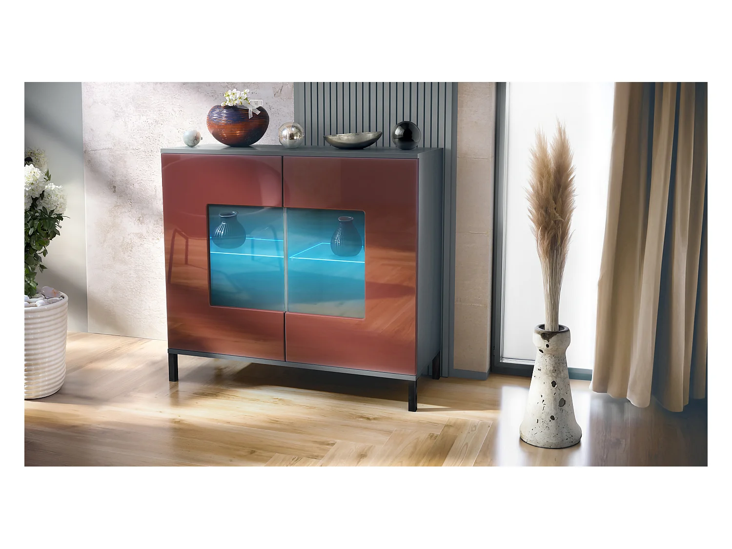 Commode Grömitz V3, Armoire de cuisine moderne avec 2 grandes portes vitrées incl. éclairage RGB anthracite mat / bordeaux haute brillance (92,5 x 83.5 x 35)