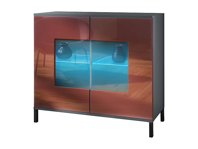 Commode Grömitz V3, Armoire de cuisine moderne avec 2 grandes portes vitrées incl. éclairage RGB anthracite mat / bordeaux haute brillance (92,5 x 83.5 x 35)