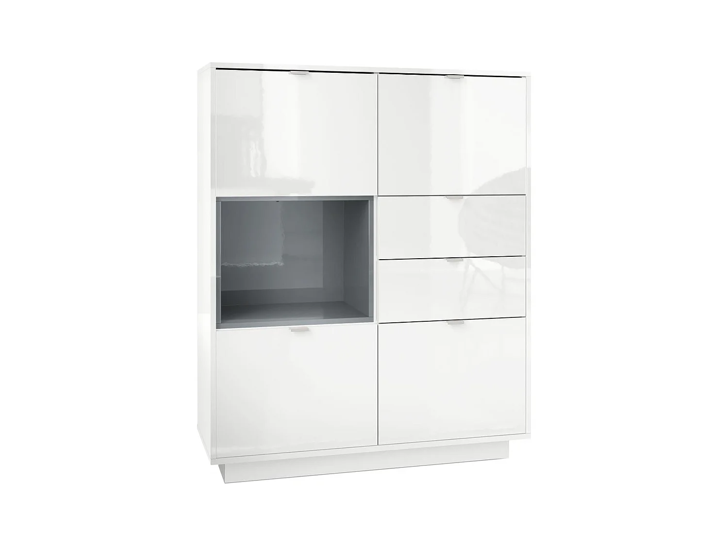 Buffet haut Armoire Metro, Corps en Blanc haute brillance / Façades en Blanc haute brillance avec une insertion en Gris haute brillance