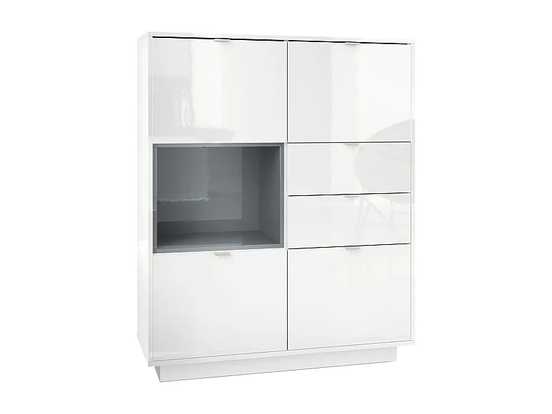 Buffet haut Armoire Metro, Corps en Blanc haute brillance / Façades en Blanc haute brillance avec une insertion en Gris haute brillance