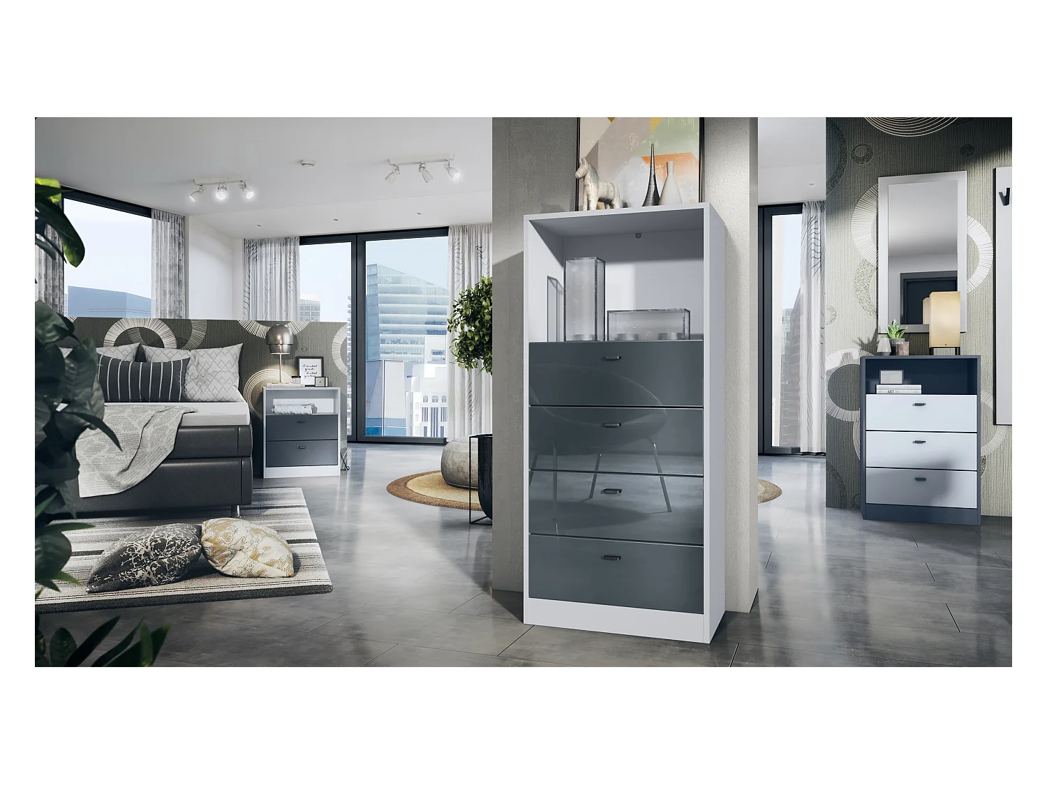 Commode Buffet Pino V3, avec 4 tiroirs & 1 compartiment ouvert, Anthracite mat/Gris haute brillance sans LED (56 x 125 x 36 cm)