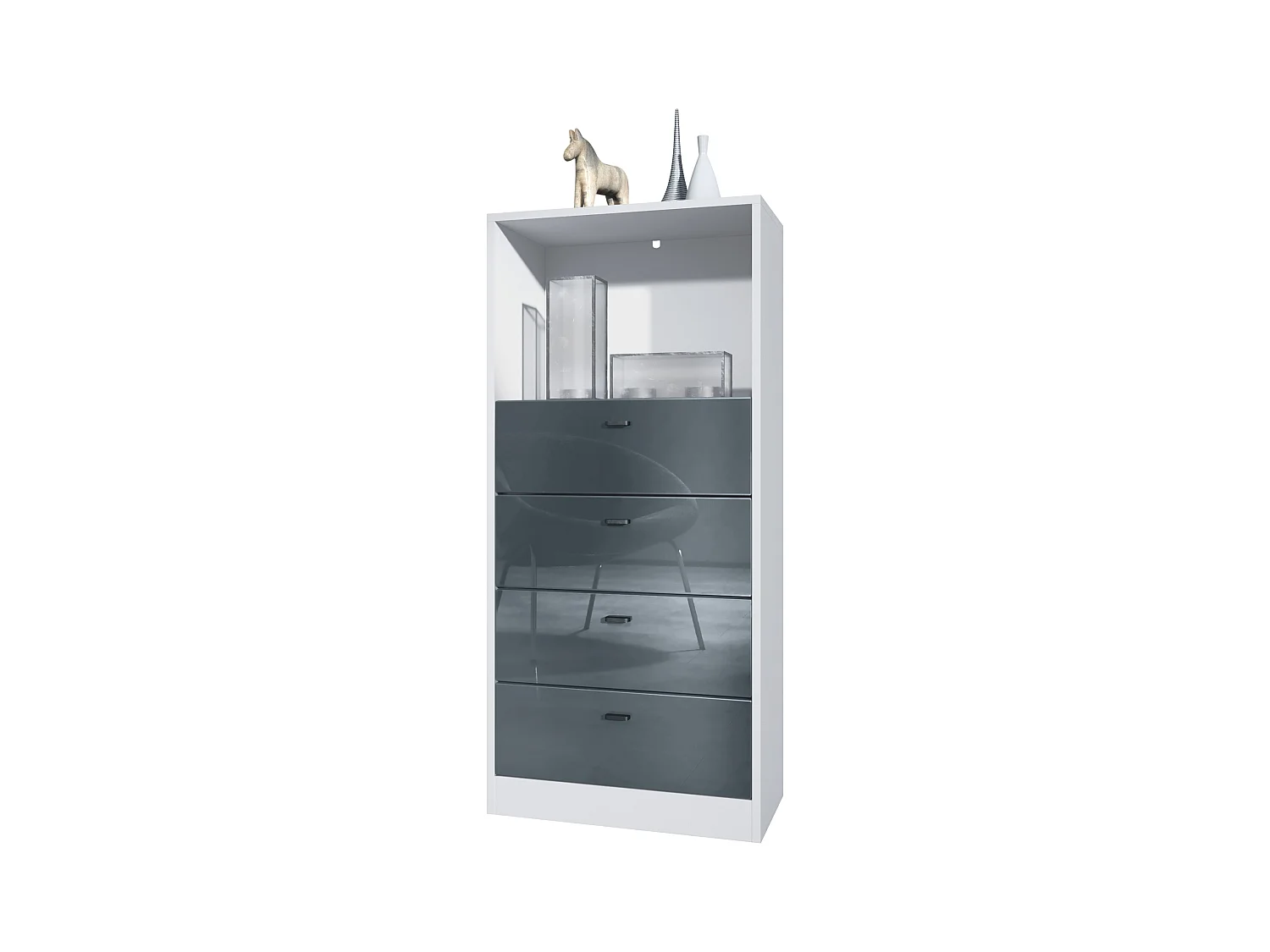Commode Buffet Pino V3, avec 4 tiroirs & 1 compartiment ouvert, Anthracite mat/Gris haute brillance sans LED (56 x 125 x 36 cm)