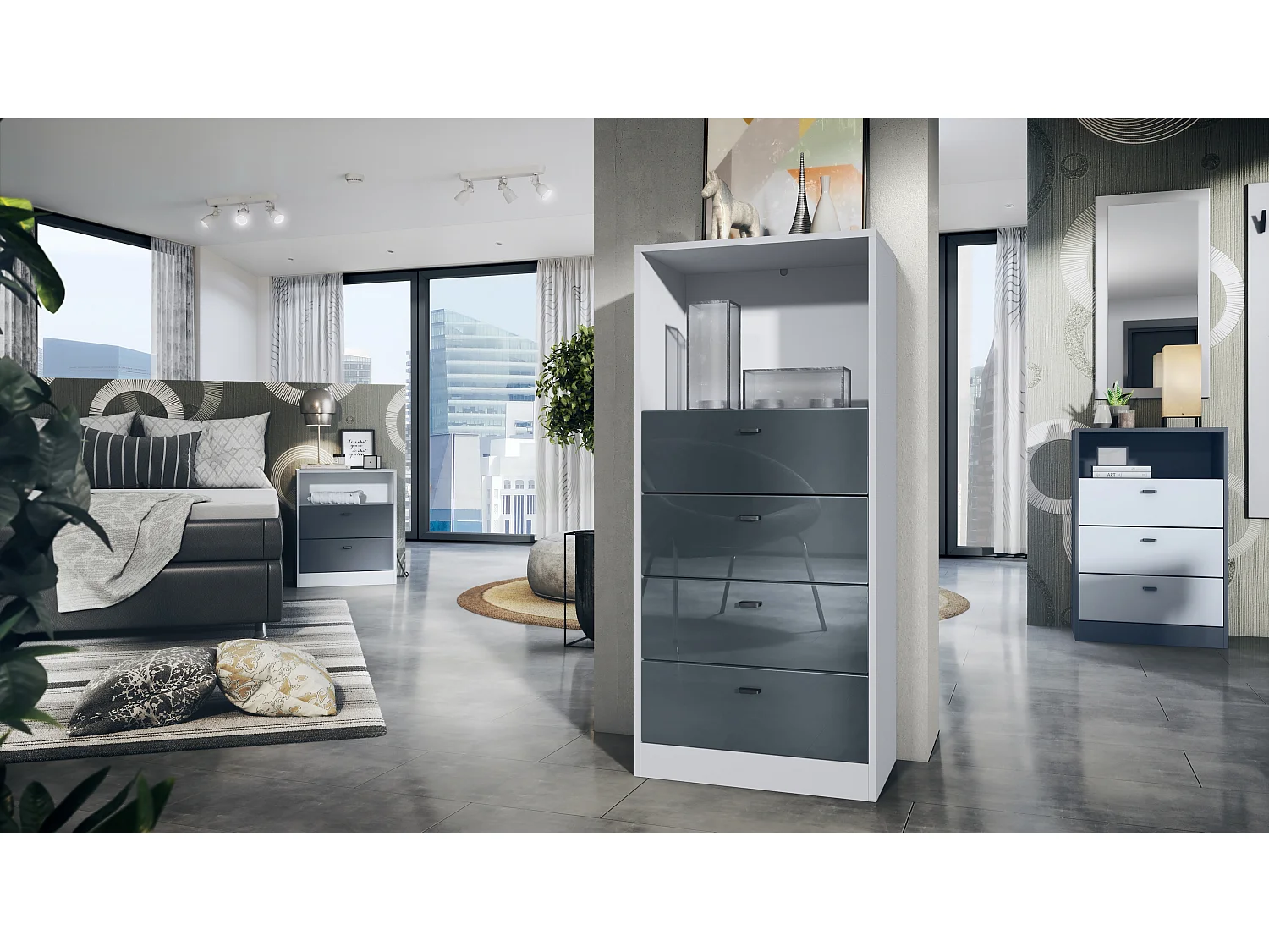 Cassettiera Pino V3, Credenza con 4 cassetti e 1 vano a giorno, Bianco opaco/Grigio High Gloss senza LED (56 x 125 x 36 cm)