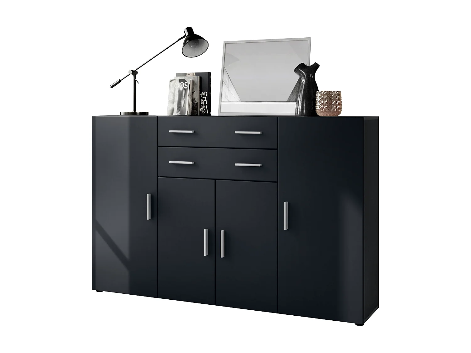 Le Buffet Haut Aron bahut avec 2 tiroirs et 4 portes avec un total de 8 compartiments derrière, anthracite mat/noir mat (166,5 x 106,5 x 35 cm)