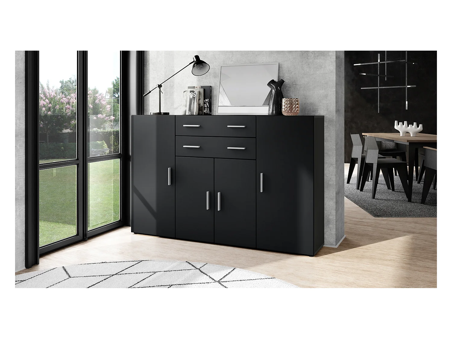 Le Buffet Haut Aron bahut avec 2 tiroirs et 4 portes avec un total de 8 compartiments derrière, anthracite mat/noir mat (166,5 x 106,5 x 35 cm)