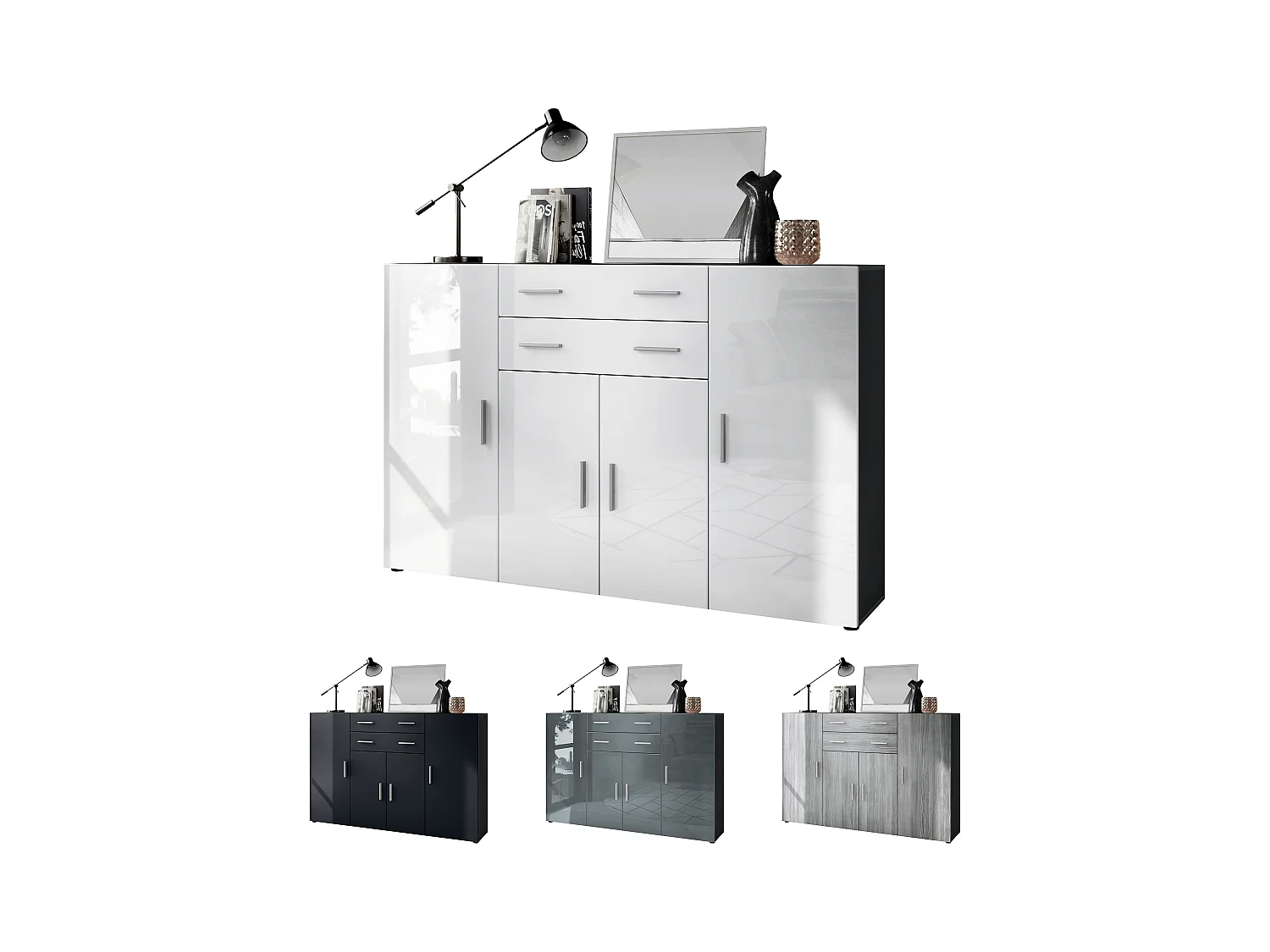 Le Buffet Haut Aron bahut avec 2 tiroirs et 4 portes avec un total de 8 compartiments derrière, anthracite mat/noir mat (166,5 x 106,5 x 35 cm)