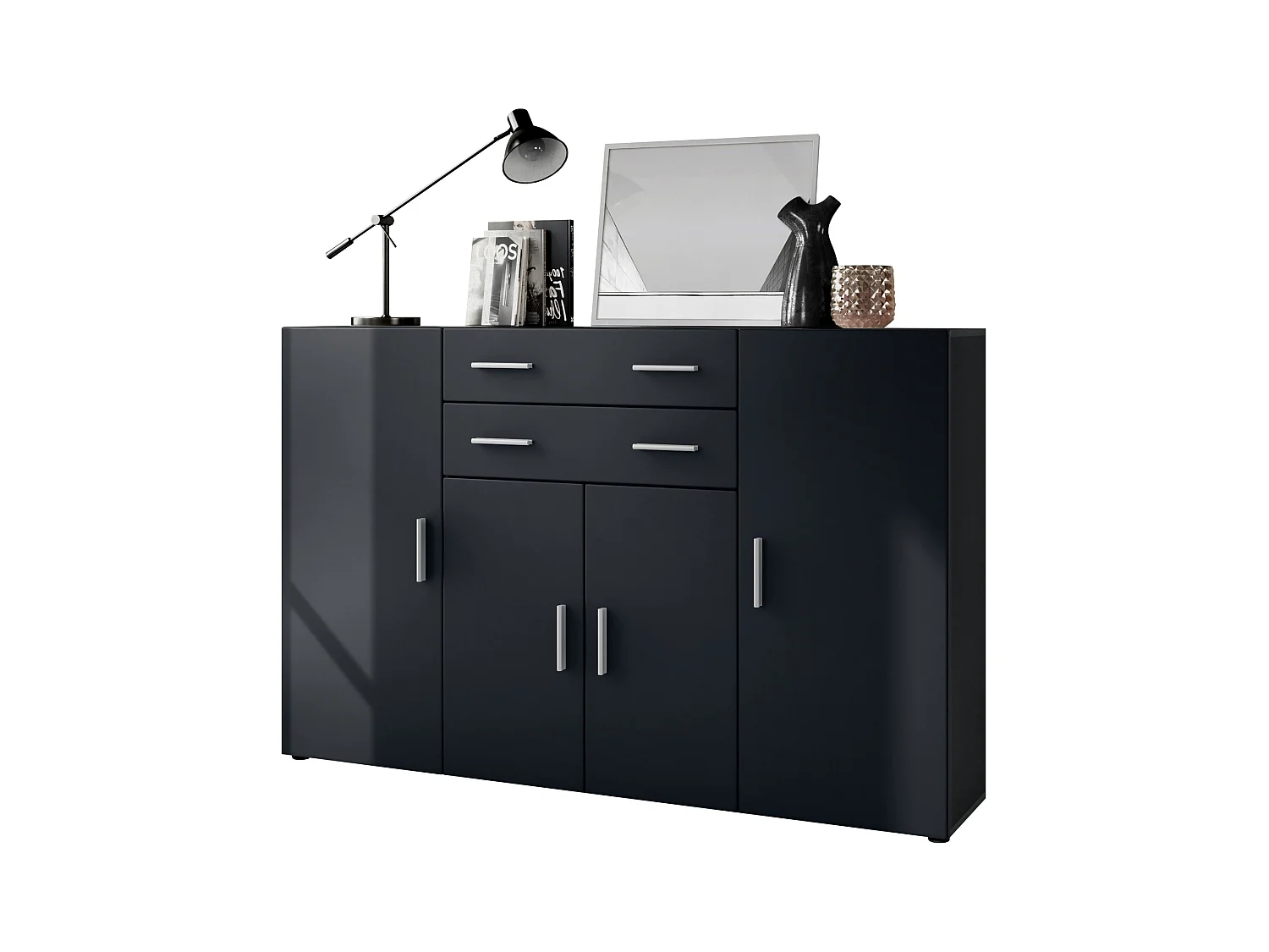 Le Buffet Haut Aron bahut avec 2 tiroirs et 4 portes avec un total de 8 compartiments derrière, anthracite mat/noir mat (166,5 x 106,5 x 35 cm)