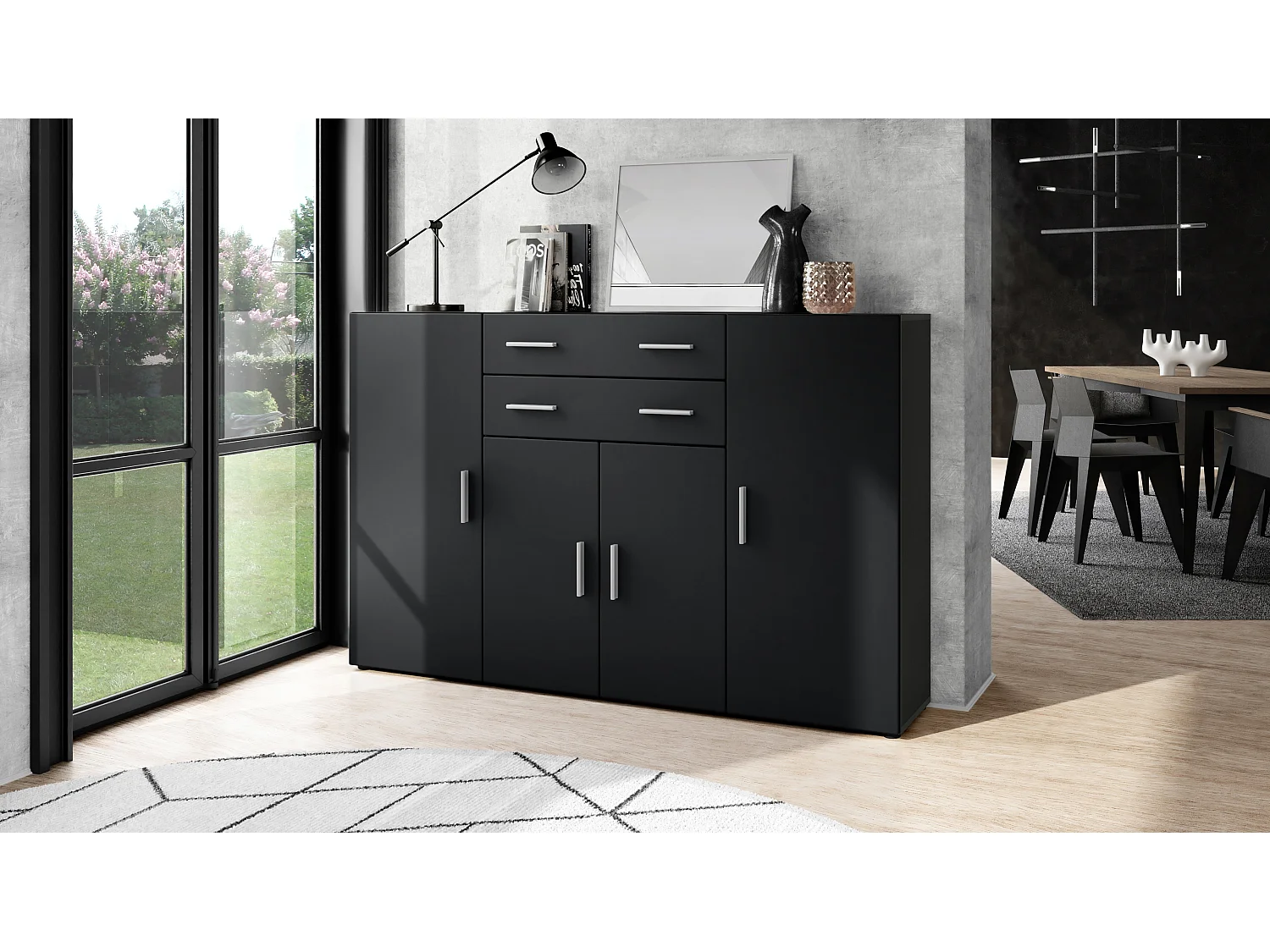 Highboard Aron Sideboard with 2 drawers and 4 doors with a total of 8 compartments behind, antracite opaco /nero opaco (166.5 x 106.5 x 35 cm)
