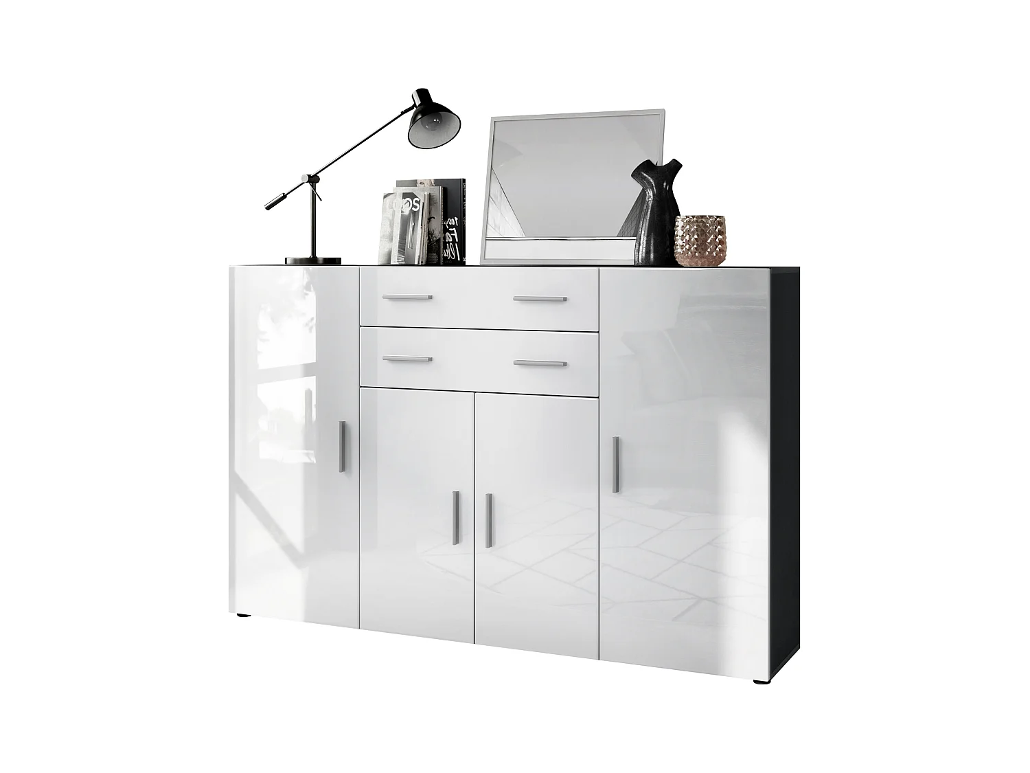 Le Buffet Haut Aron bahut avec 2 tiroirs et 4 portes avec un total de 8 compartiments derrière, anthracite mat/blanc haute brillance (166,5 x 106,5 x 35 cm)