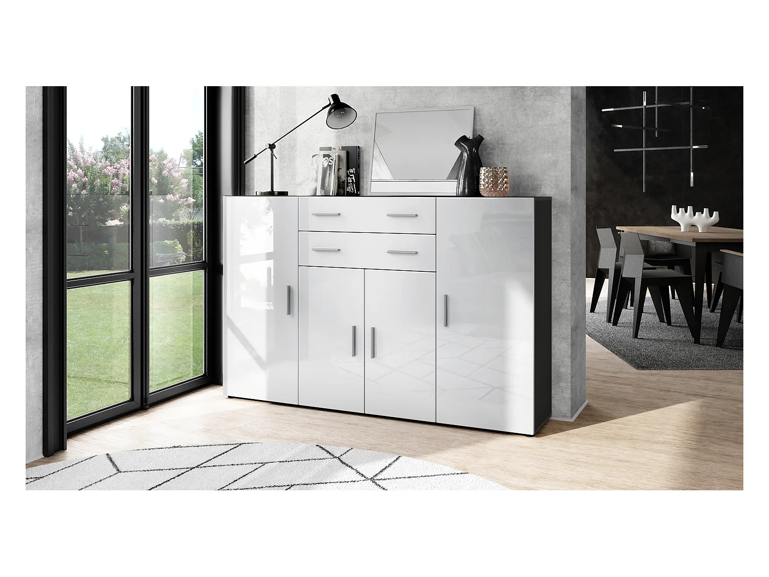 Le Buffet Haut Aron bahut avec 2 tiroirs et 4 portes avec un total de 8 compartiments derrière, anthracite mat/blanc haute brillance (166,5 x 106,5 x 35 cm)