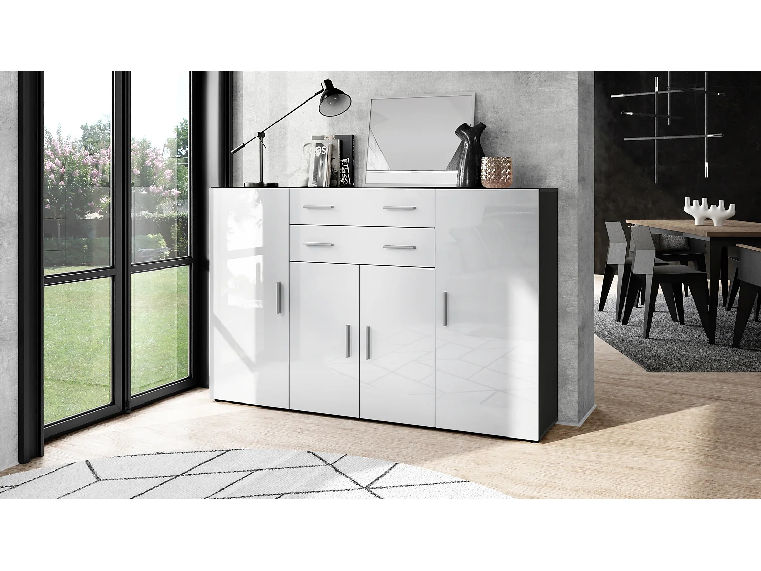Highboard Aron Sideboard with 2 drawers and 4 doors with a total of 8 compartments behind, antracite opaco /bianco lucido (166.5 x 106.5 x 35 cm)