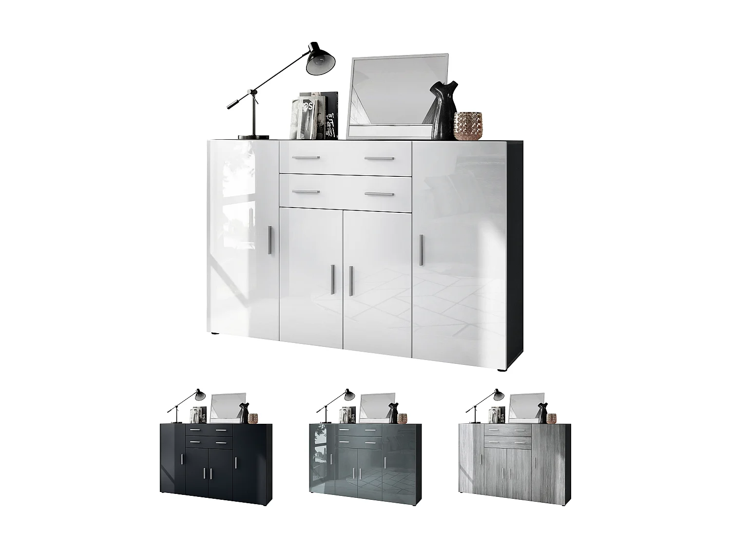 Highboard Aron Sideboard with 2 drawers and 4 doors with a total of 8 compartments behind, antracite opaco /bianco lucido (166.5 x 106.5 x 35 cm)