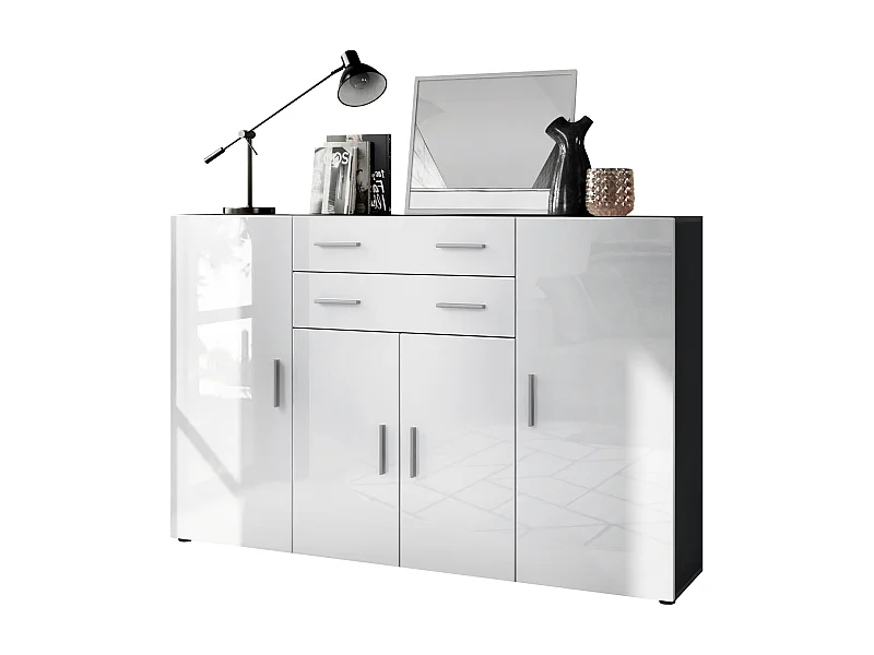 Le Buffet Haut Aron bahut avec 2 tiroirs et 4 portes avec un total de 8 compartiments derrière, anthracite mat/blanc haute brillance (166,5 x 106,5 x 35 cm)