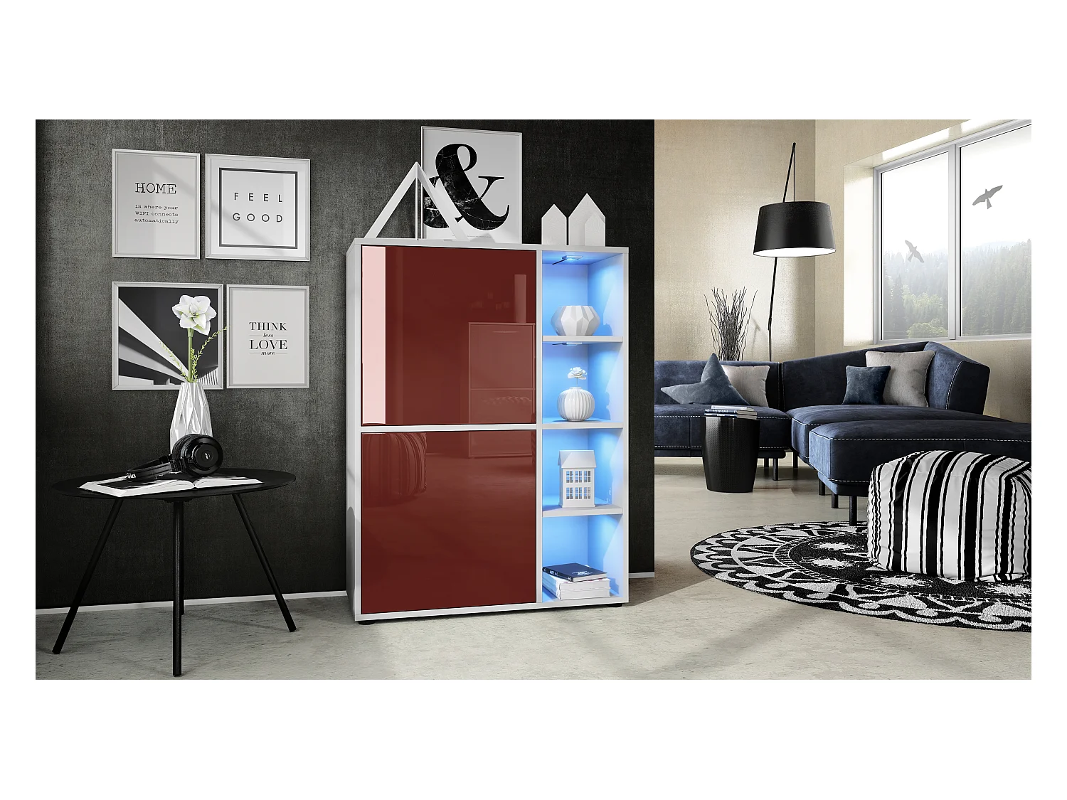 Buffet haut Cuba avec 8 compartiments, caisson en blanc mat / Façades en Bordeaux laqué haute brillance avec éclairage LED RGB