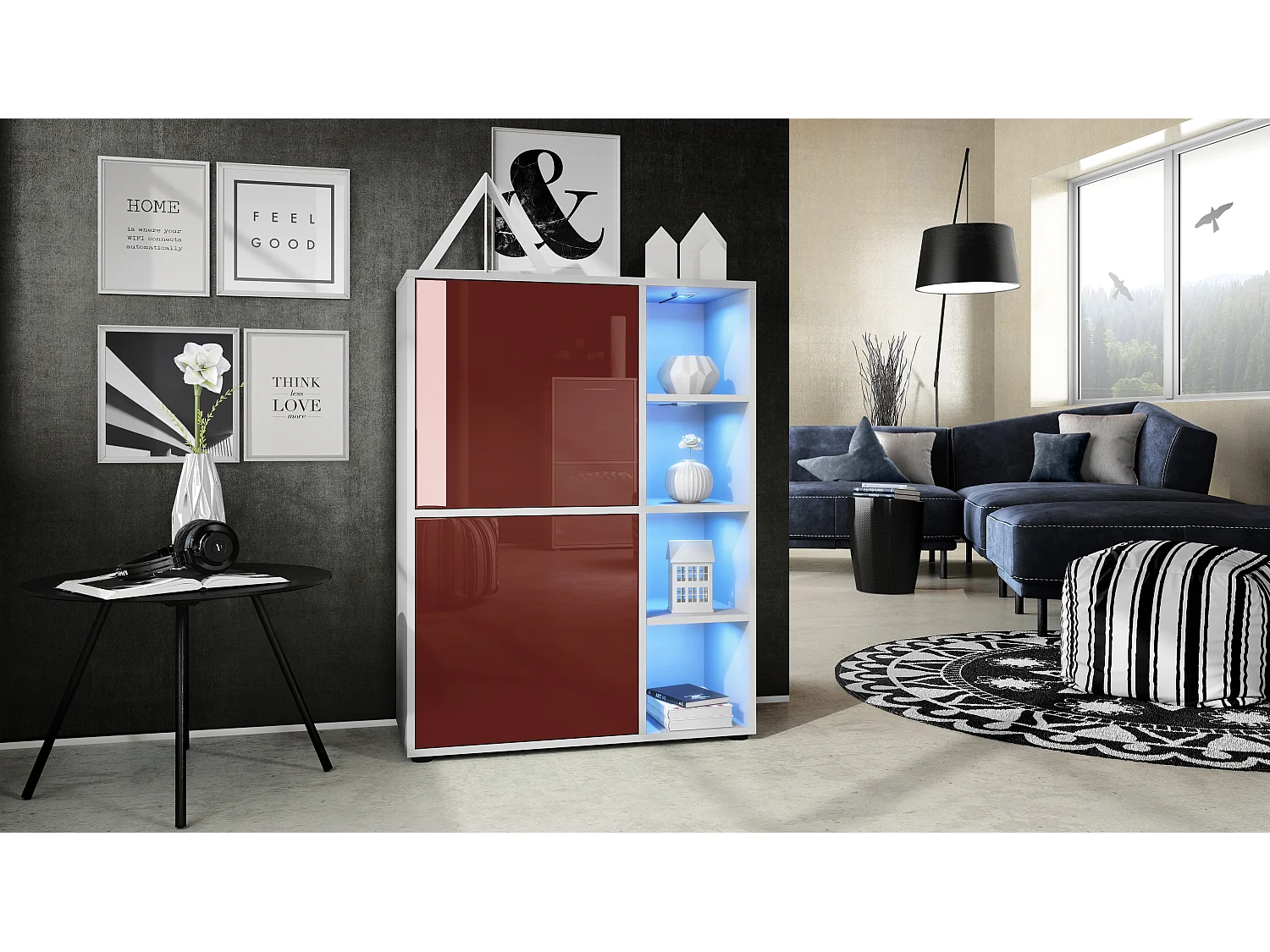Credenza  Cuba 79 x 105,5 x 35,5 cm Credenza con 8 ripiani, struttura in bianco opaco / ante in bordeaux lucido con illuminazione LED RGB