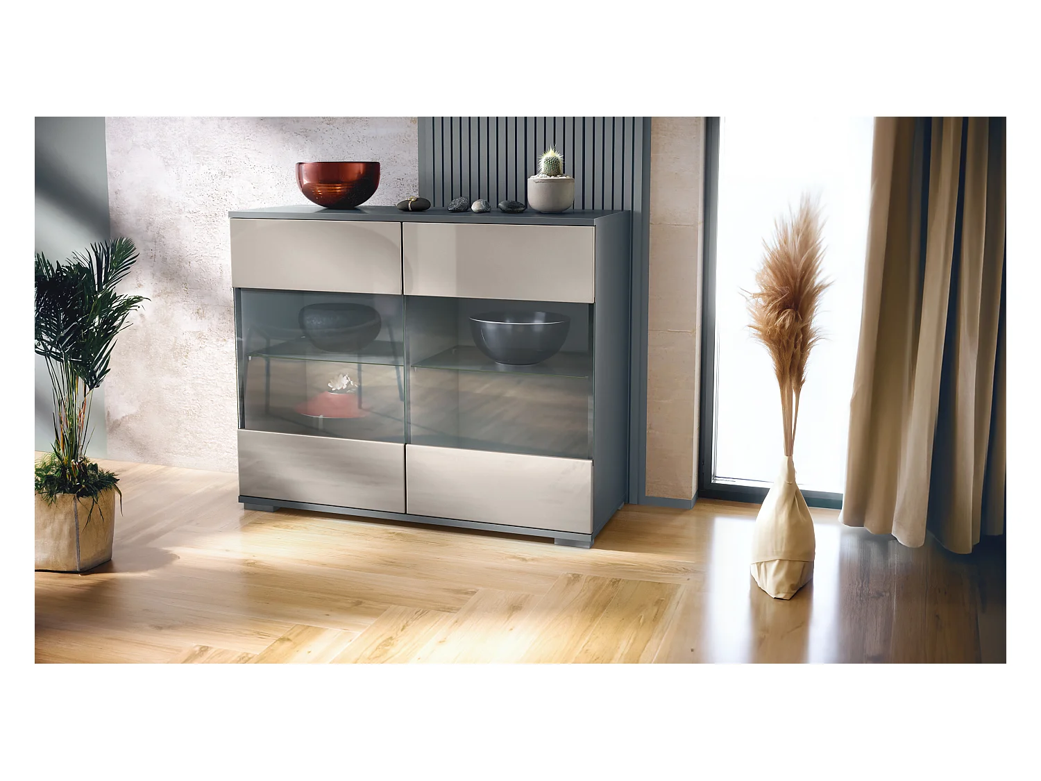 Commode Bari V3, Armoire de cuisine moderne avec 2 grandes portes vitrées anthracite mat / gris sable haute brillance (92,5 x 75.5 x 35)