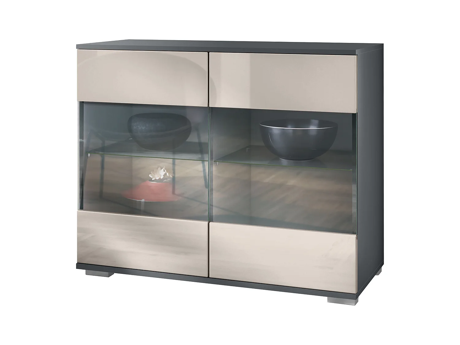 Commode Bari V3, Armoire de cuisine moderne avec 2 grandes portes vitrées anthracite mat / gris sable haute brillance (92,5 x 75.5 x 35)