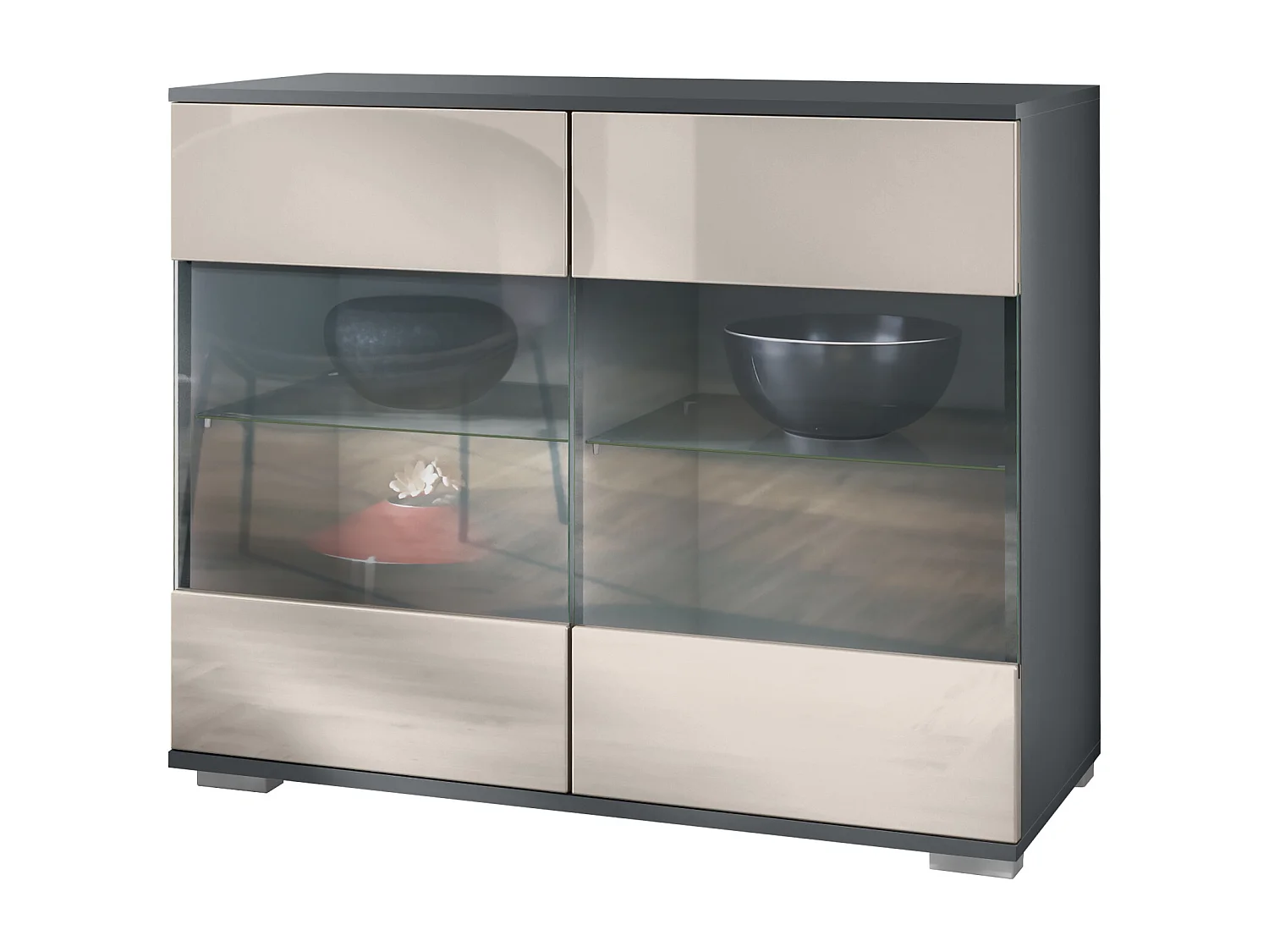 Cassettiera Bari V3, Mobile da cucina moderno con 2 grandi ante in vetro antracite opaco  / grigio sabbia lucido (92,5 x 75.5 x 35)