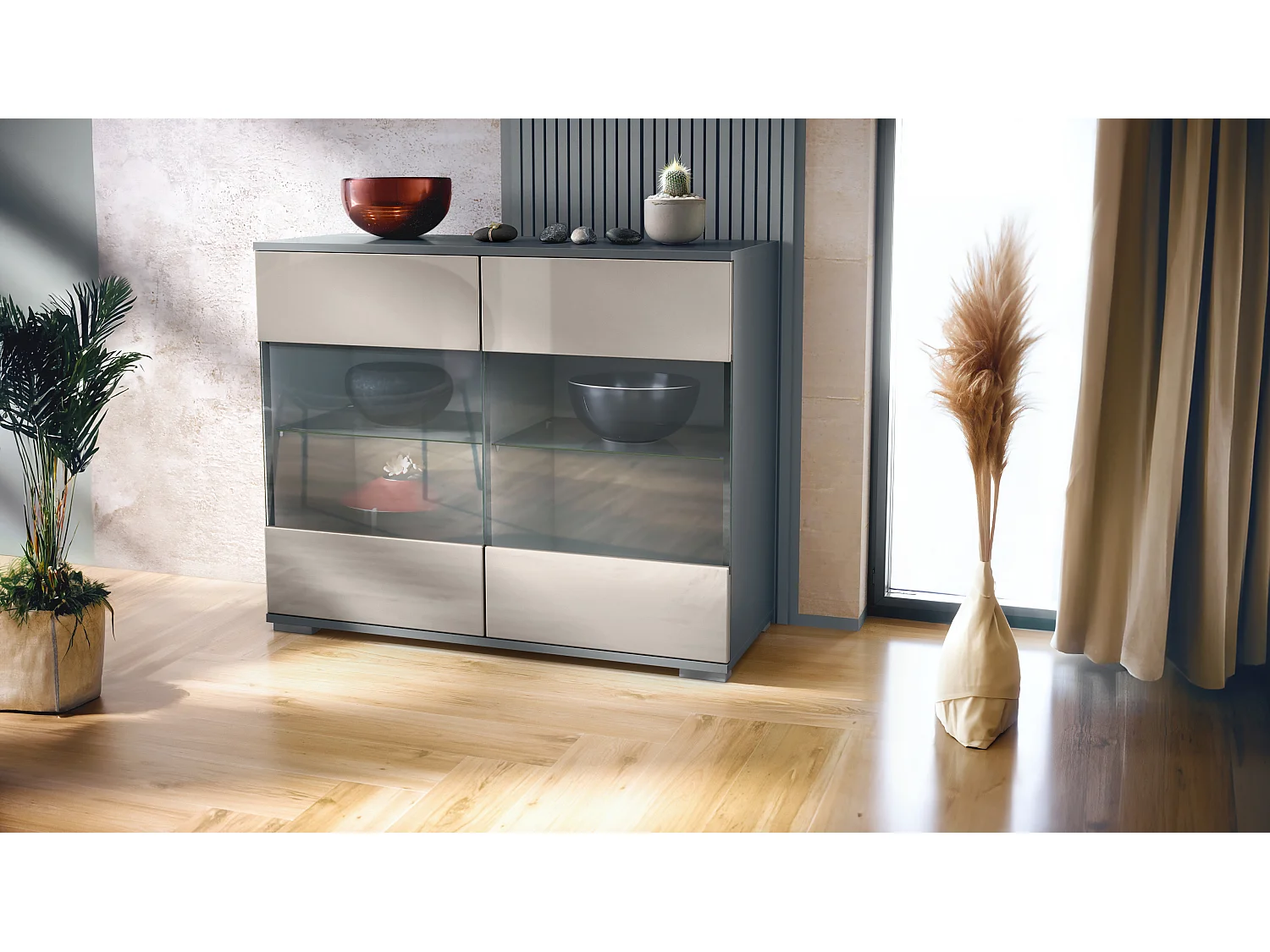 Cassettiera Bari V3, Mobile da cucina moderno con 2 grandi ante in vetro antracite opaco  / grigio sabbia lucido (92,5 x 75.5 x 35)