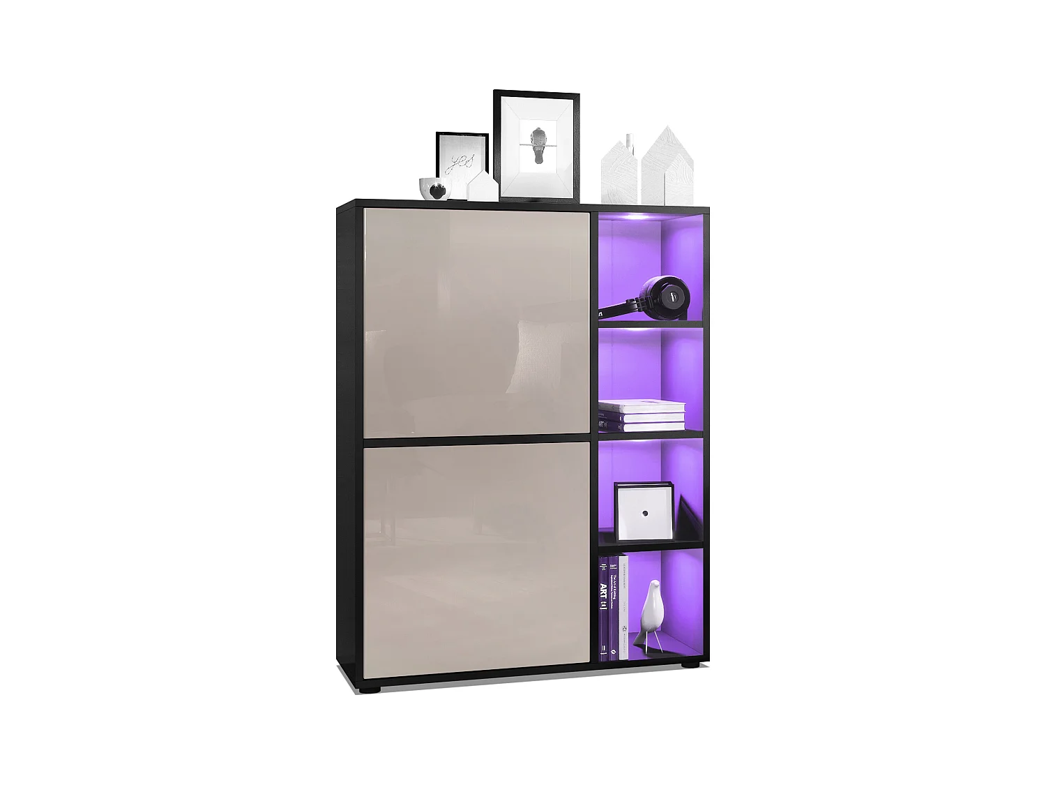 Buffet haut Cuba avec 8 compartiments, caisson en noir mat / Façades en Gris sable laqué haute brillance avec éclairage LED RGB