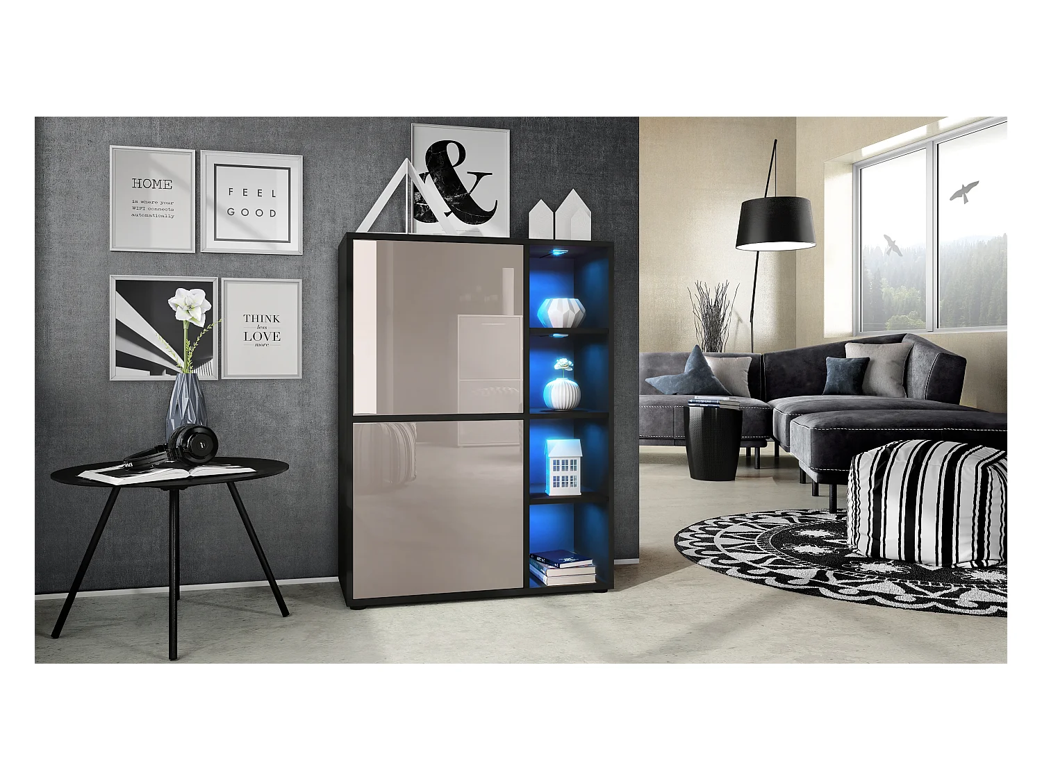 Buffet haut Cuba avec 8 compartiments, caisson en noir mat / Façades en Gris sable laqué haute brillance avec éclairage LED RGB