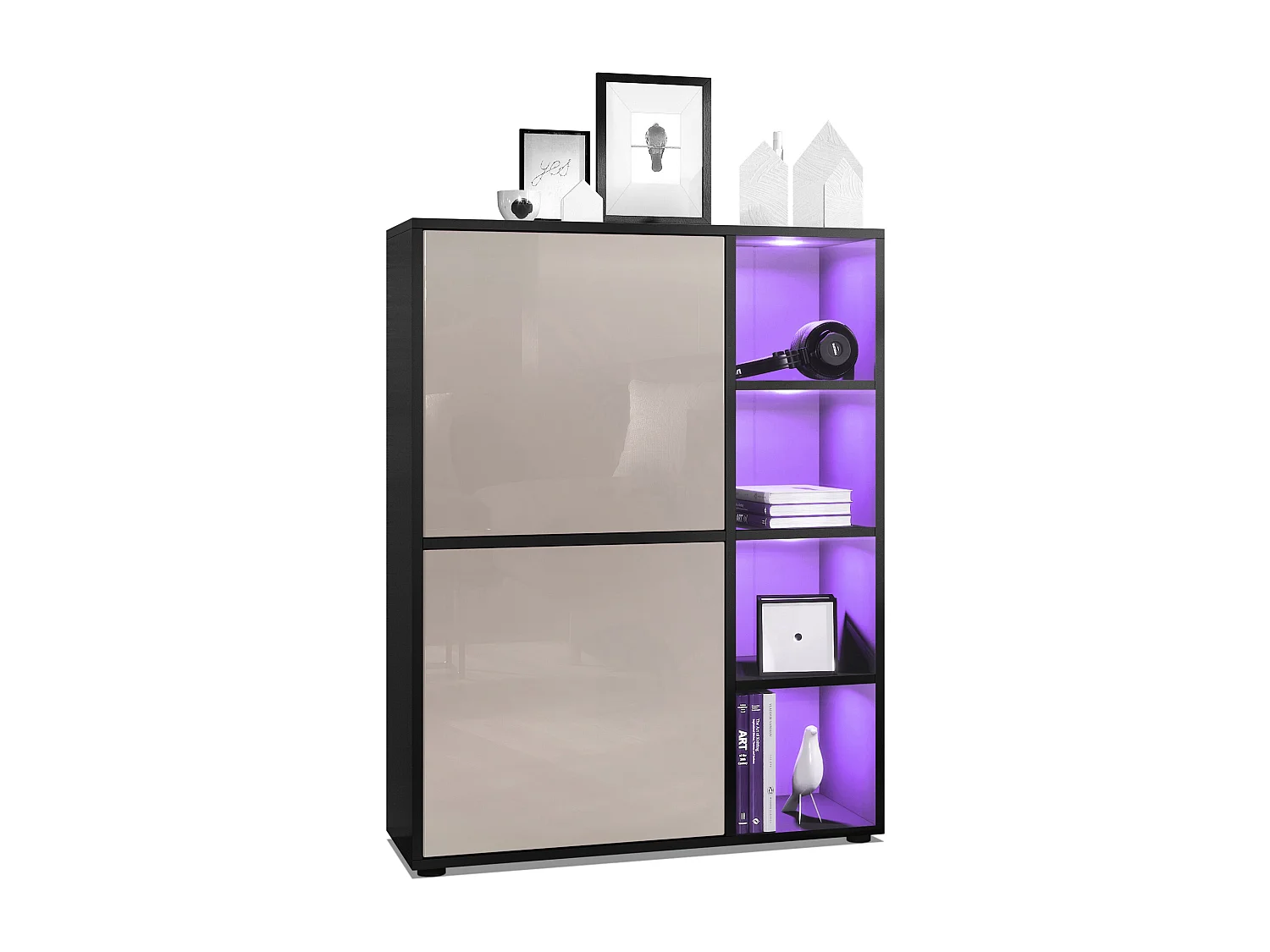 Buffet haut Cuba avec 8 compartiments, caisson en noir mat / Façades en Gris sable laqué haute brillance avec éclairage LED RGB