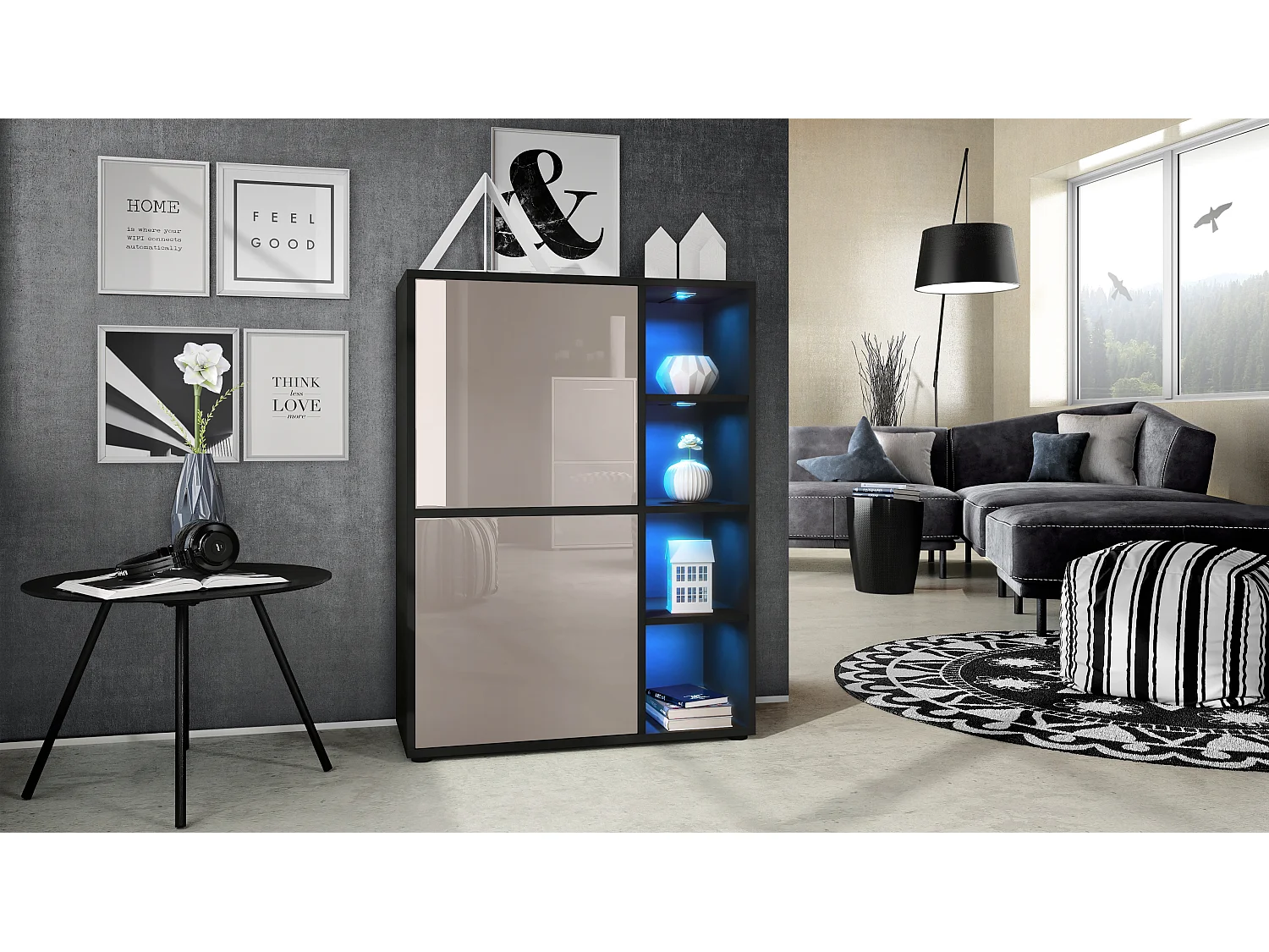 Buffet haut Cuba avec 8 compartiments, caisson en noir mat / Façades en Gris sable laqué haute brillance avec éclairage LED RGB