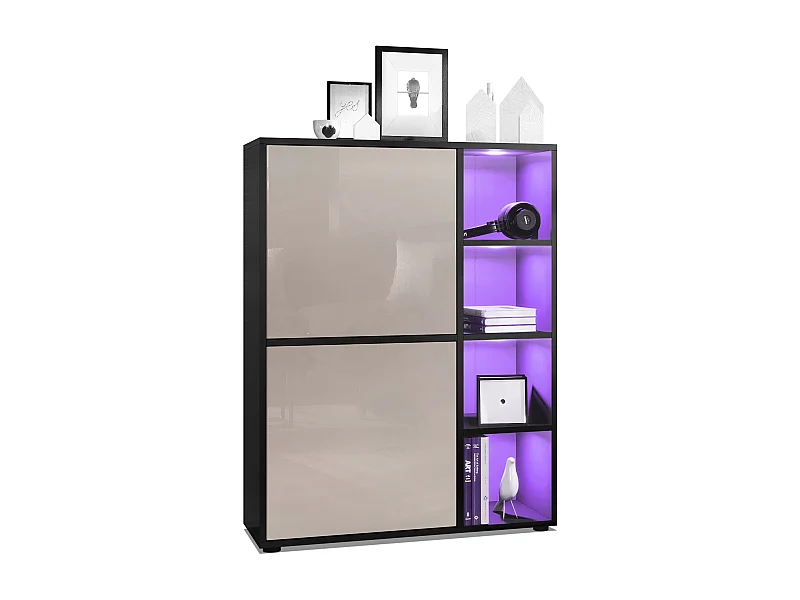 Buffet haut Cuba avec 8 compartiments, caisson en noir mat / Façades en Gris sable laqué haute brillance avec éclairage LED RGB