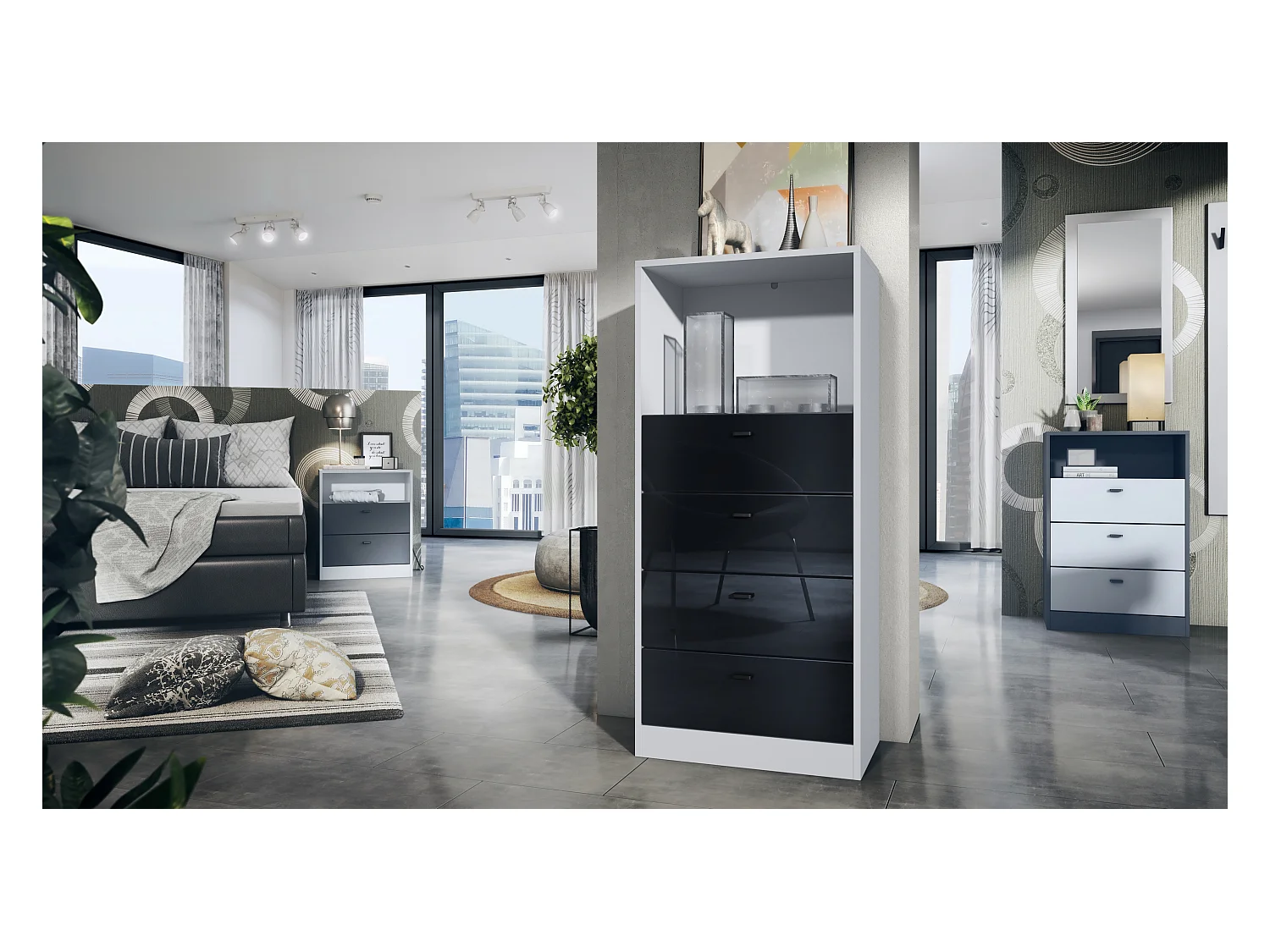 Commode Buffet Pino V3, avec 4 tiroirs & 1 compartiment ouvert, Anthracite mat/Noir haute brillance sans LED (56 x 125 x 36 cm)