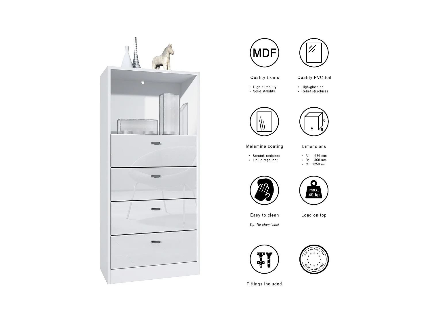 Commode Buffet Pino V3, avec 4 tiroirs & 1 compartiment ouvert, Anthracite mat/Noir haute brillance sans LED (56 x 125 x 36 cm)