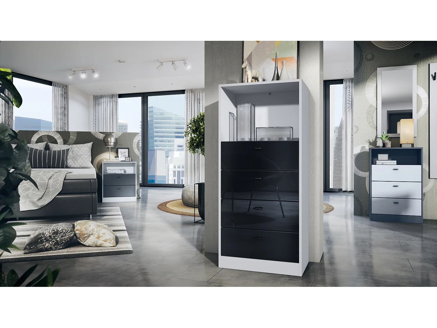 Cassettiera Pino V3, Credenza con 4 cassetti e 1 vano a giorno, Bianco opaco/Nero lucido senza LED (56 x 125 x 36 cm)