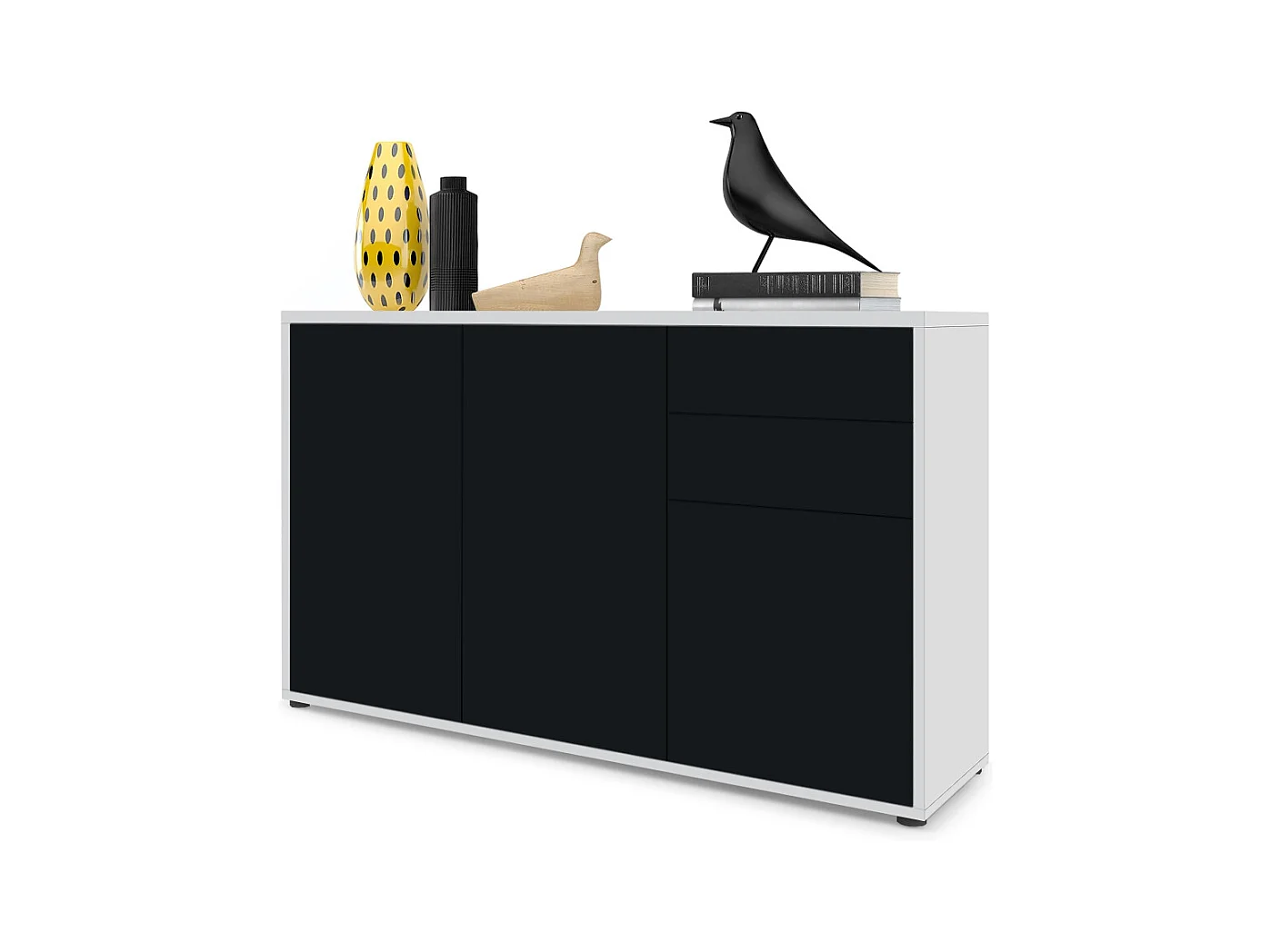 Buffet Ben V3, Commode avec 3 portes et 2 tiroirs, Blanc mat/Noir mat (117 x 74 x 36 cm)