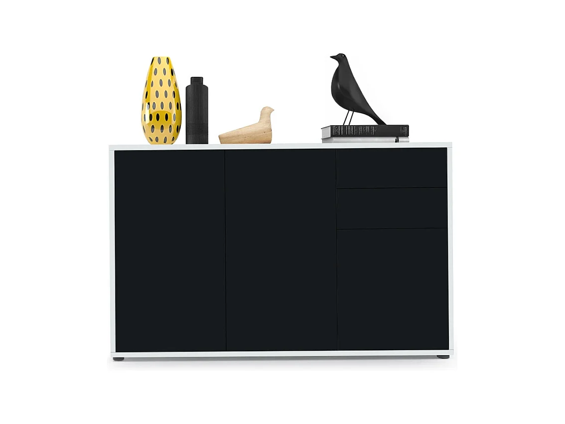 Buffet Ben V3, Commode avec 3 portes et 2 tiroirs, Blanc mat/Noir mat (117 x 74 x 36 cm)