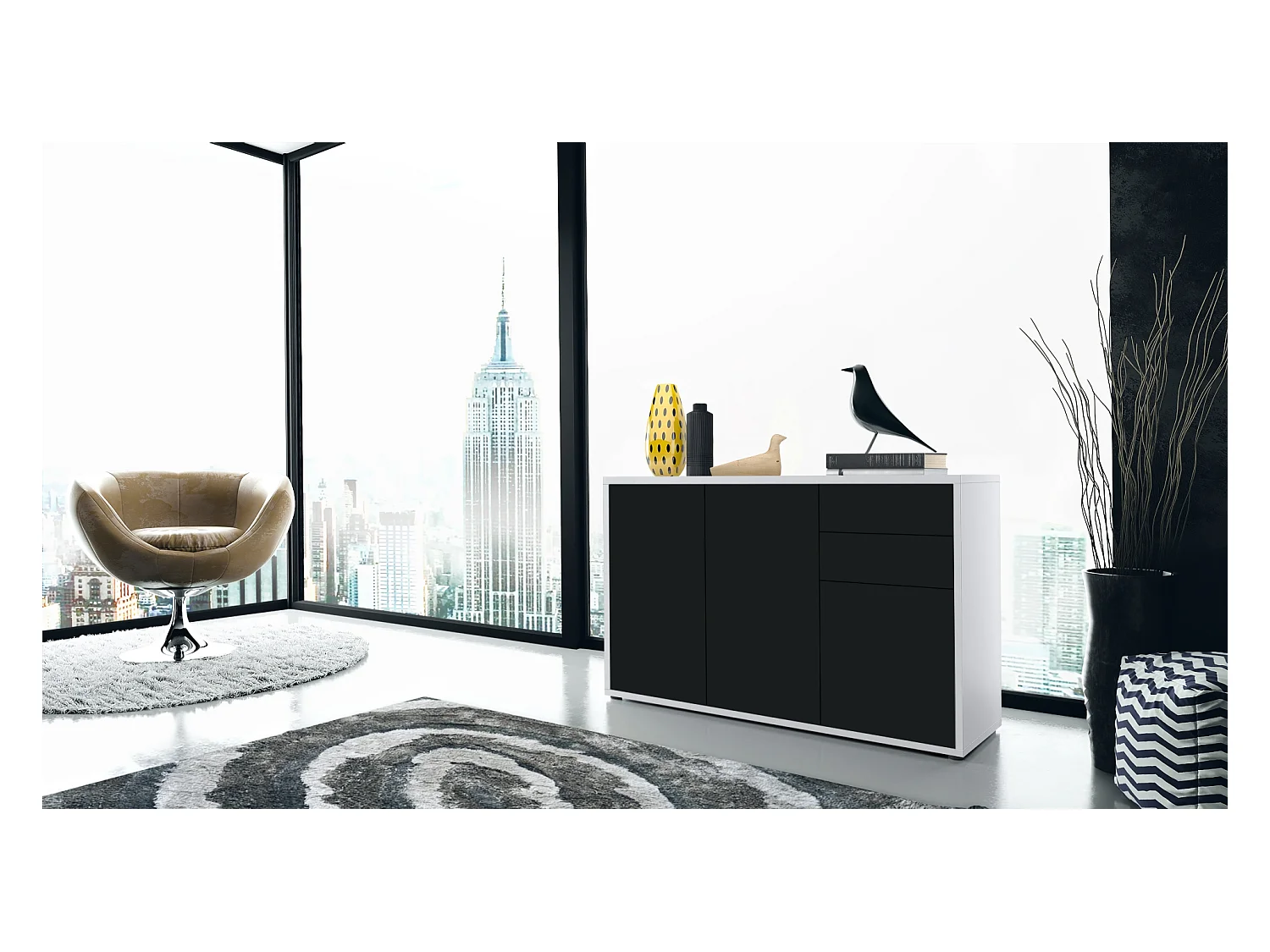 Buffet Ben V3, Commode avec 3 portes et 2 tiroirs, Blanc mat/Noir mat (117 x 74 x 36 cm)