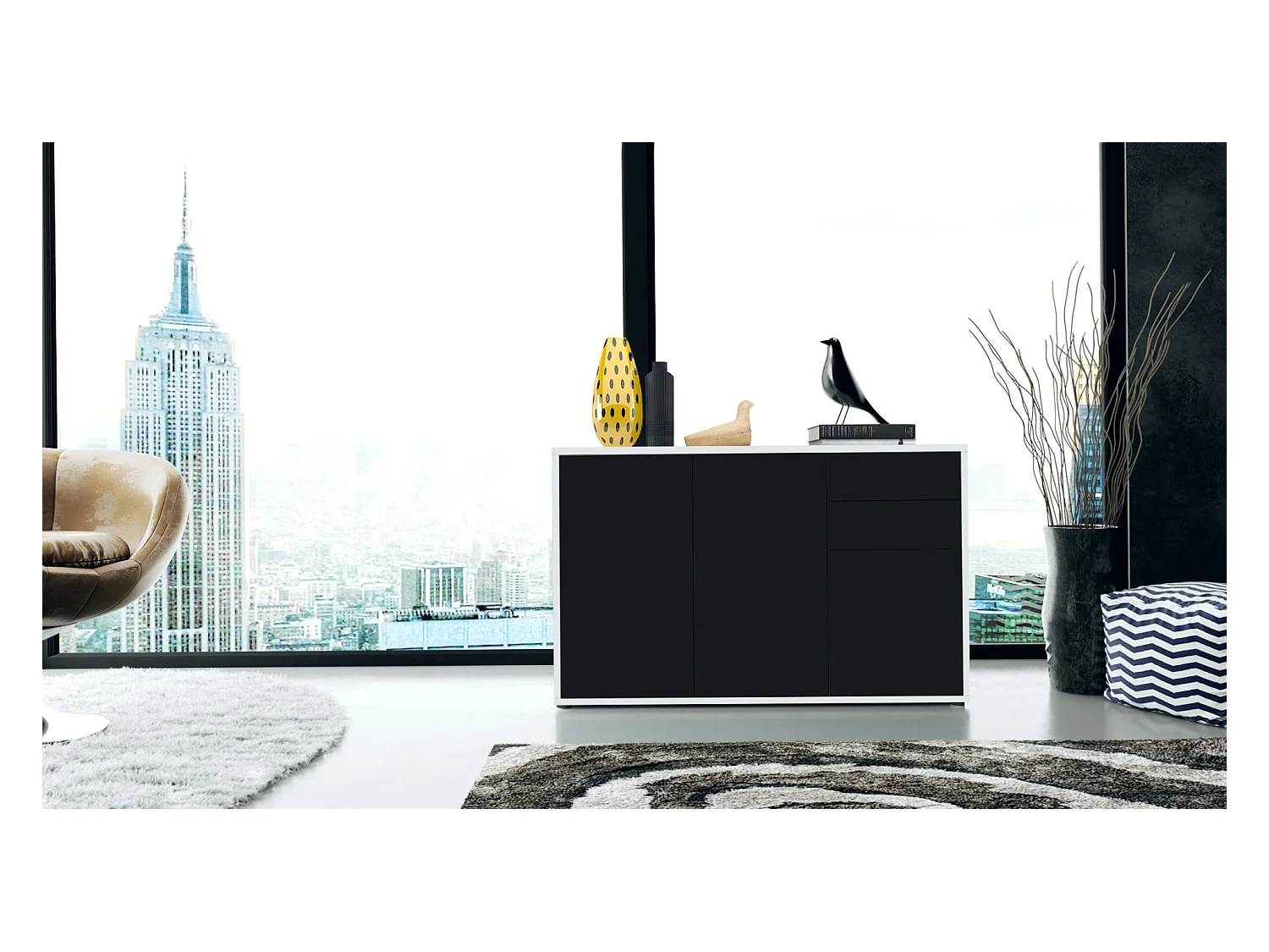 Buffet Ben V3, Commode avec 3 portes et 2 tiroirs, Blanc mat/Noir mat (117 x 74 x 36 cm)