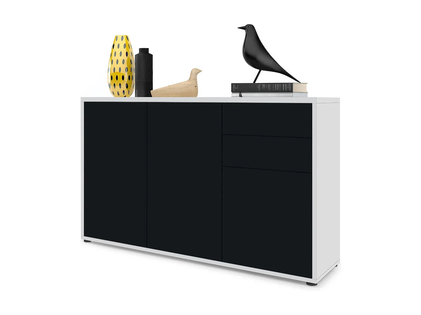 Buffet Ben V3, Commode avec 3 portes et 2 tiroirs, Blanc mat/Noir mat (117 x 74 x 36 cm)
