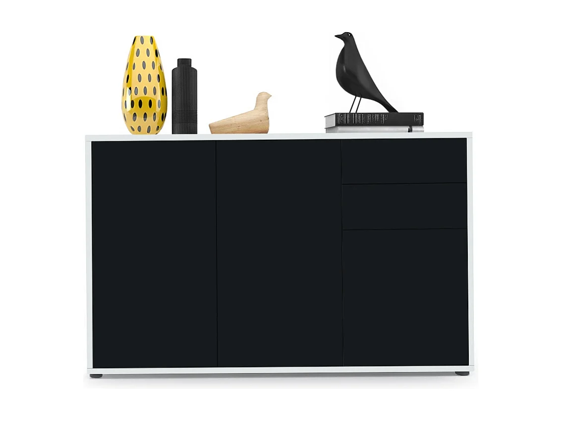 Buffet Ben V3, Commode avec 3 portes et 2 tiroirs, Blanc mat/Noir mat (117 x 74 x 36 cm)