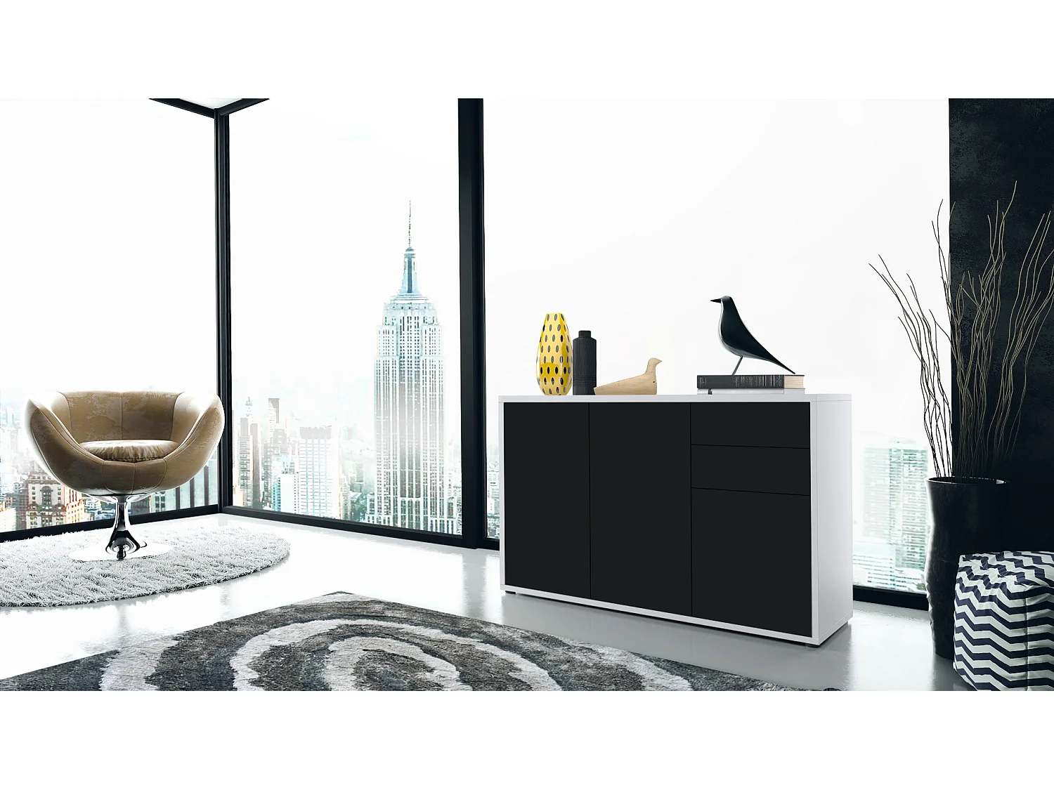 Buffet Ben V3, Commode avec 3 portes et 2 tiroirs, Blanc mat/Noir mat (117 x 74 x 36 cm)