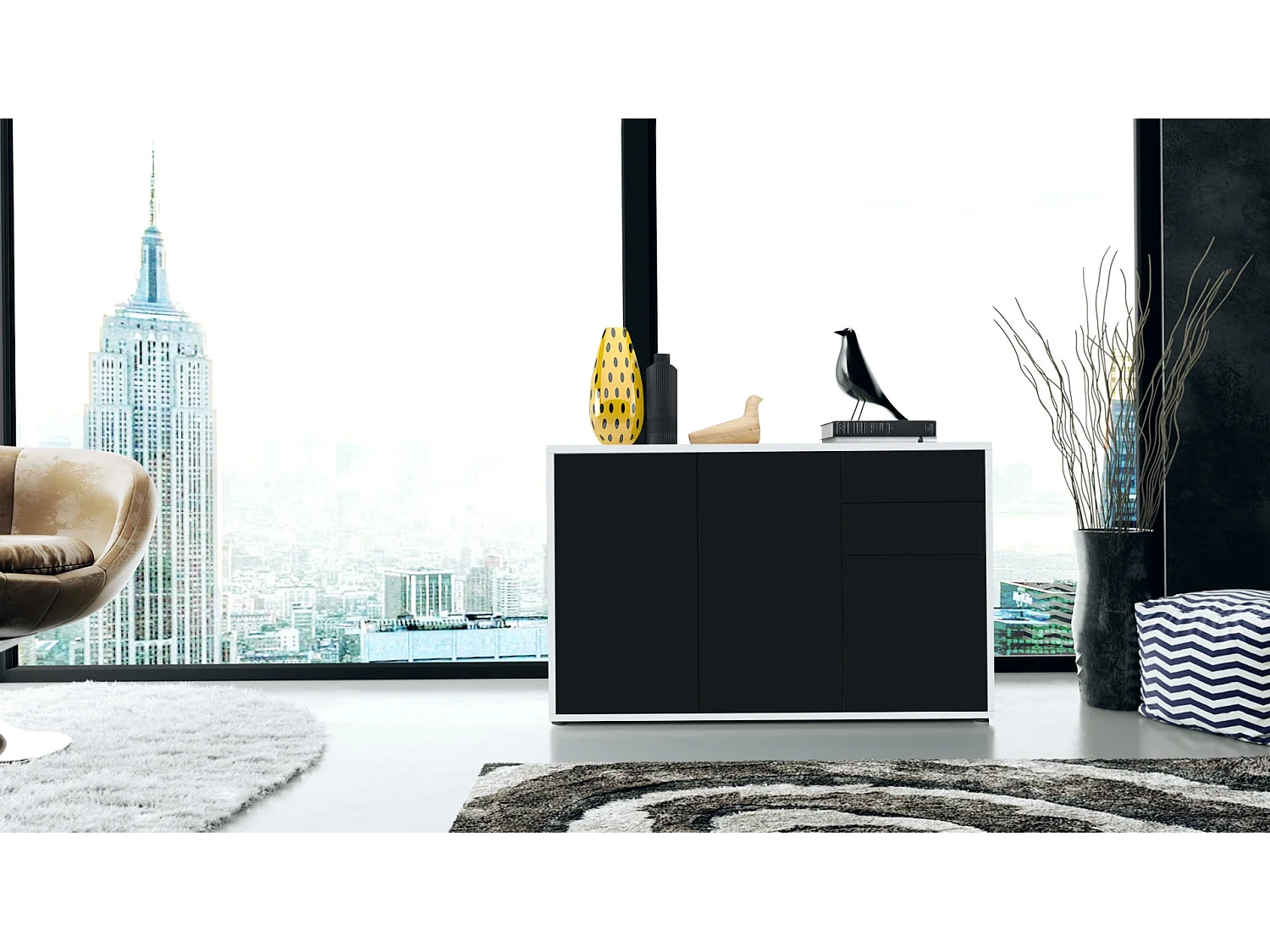 Buffet Ben V3, Commode avec 3 portes et 2 tiroirs, Blanc mat/Noir mat (117 x 74 x 36 cm)