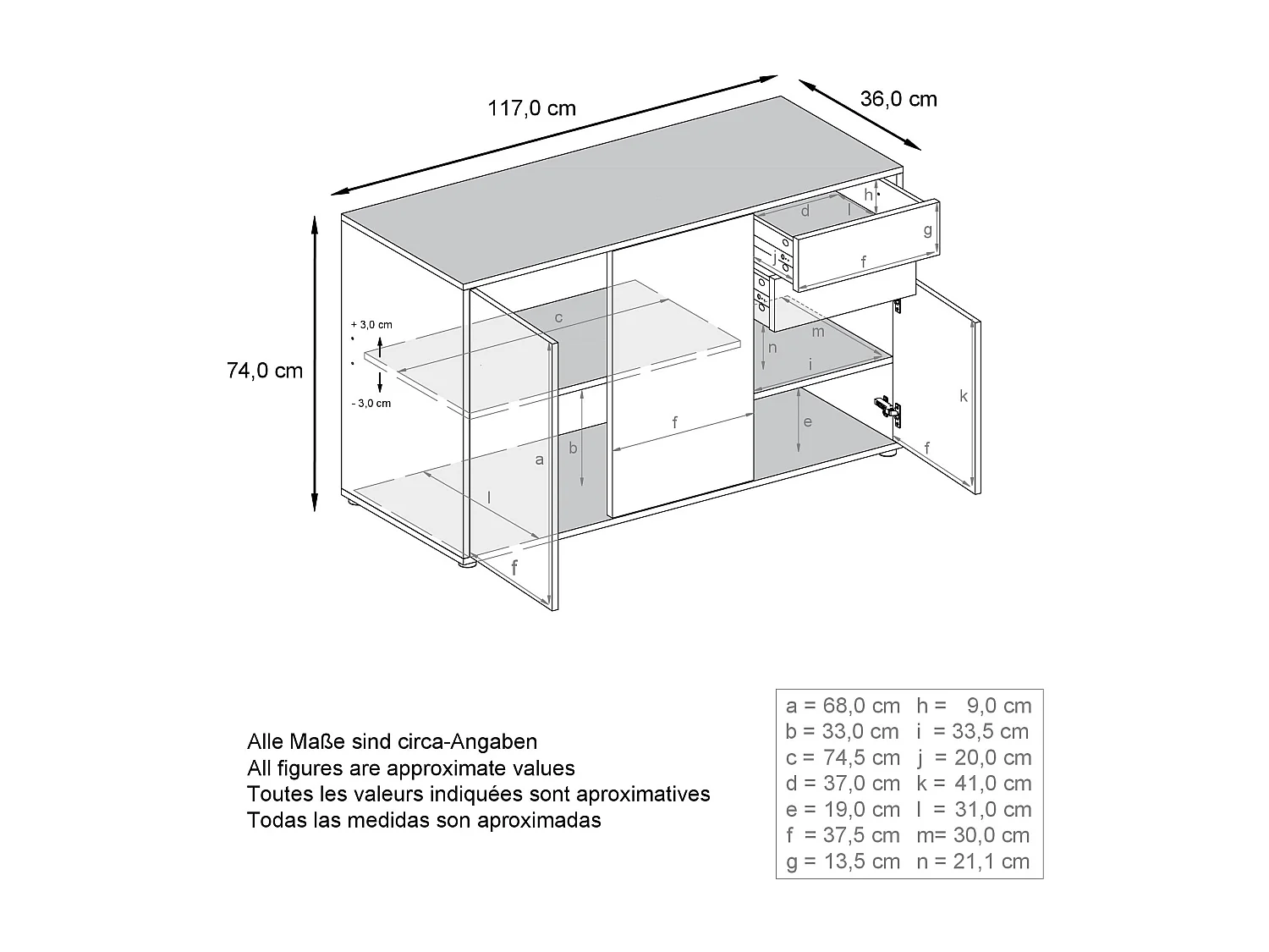 Buffet Ben V3, Commode avec 3 portes et 2 tiroirs, Blanc mat/Noir mat (117 x 74 x 36 cm)