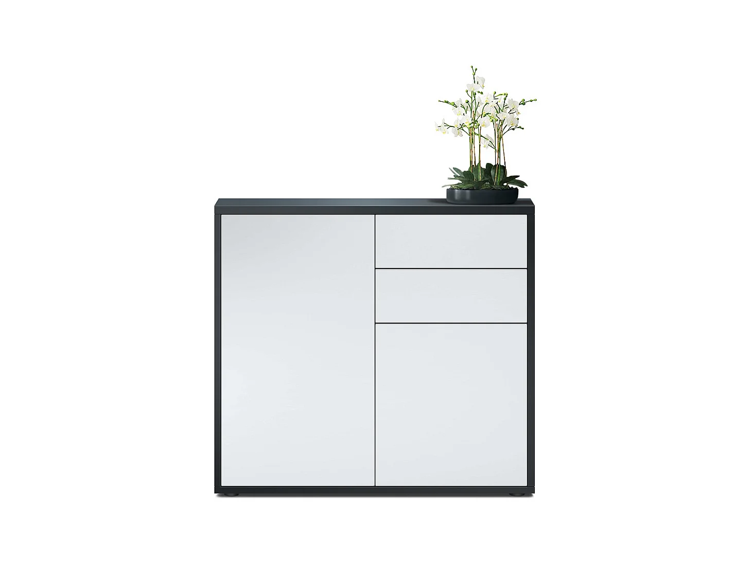 Buffet Ben, Commode avec 2 portes et 2 tiroirs, Noir mat/Blanc mat (79 x 74 x 36 cm)