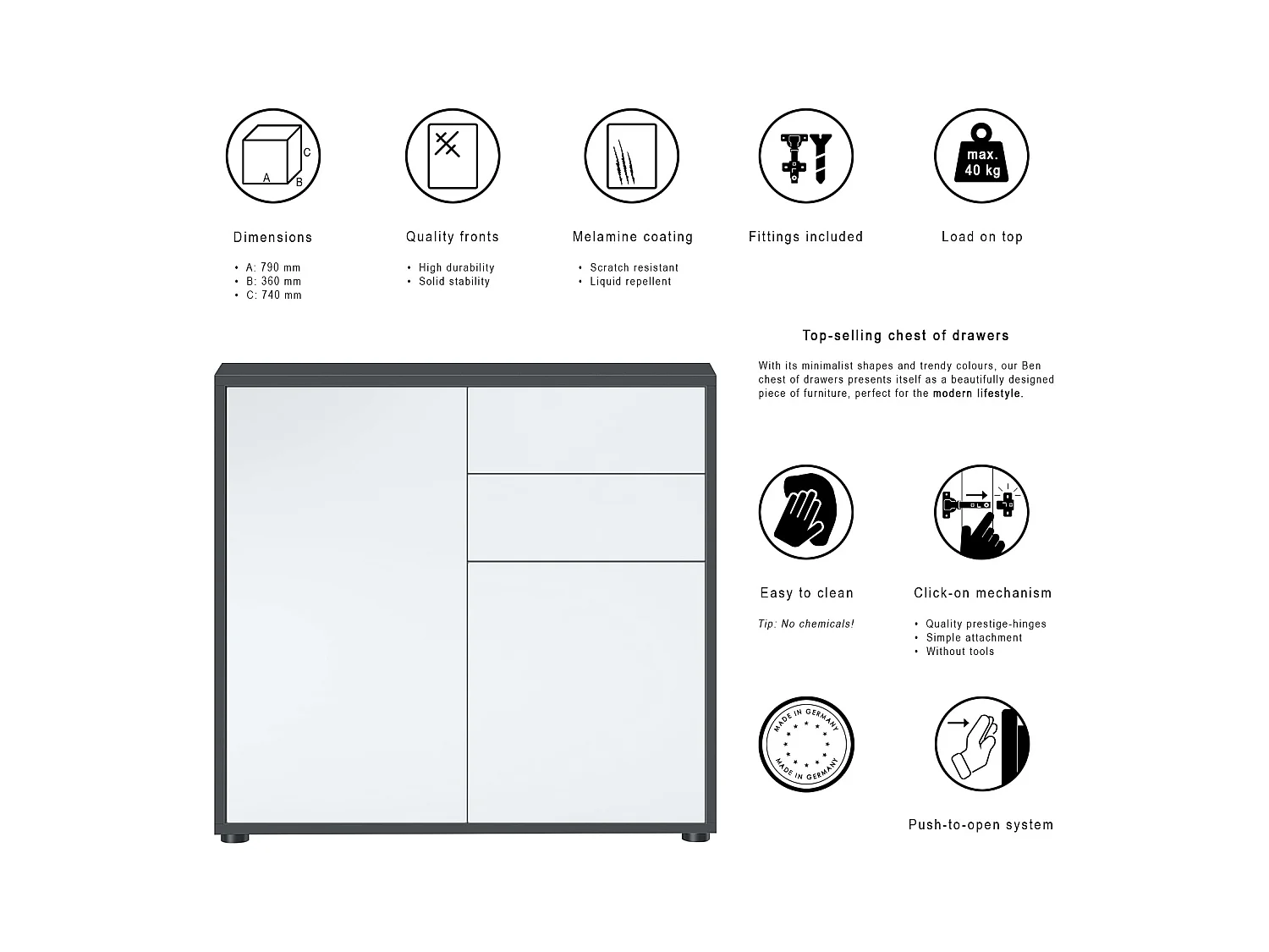 Buffet Ben, Commode avec 2 portes et 2 tiroirs, Noir mat/Blanc mat (79 x 74 x 36 cm)